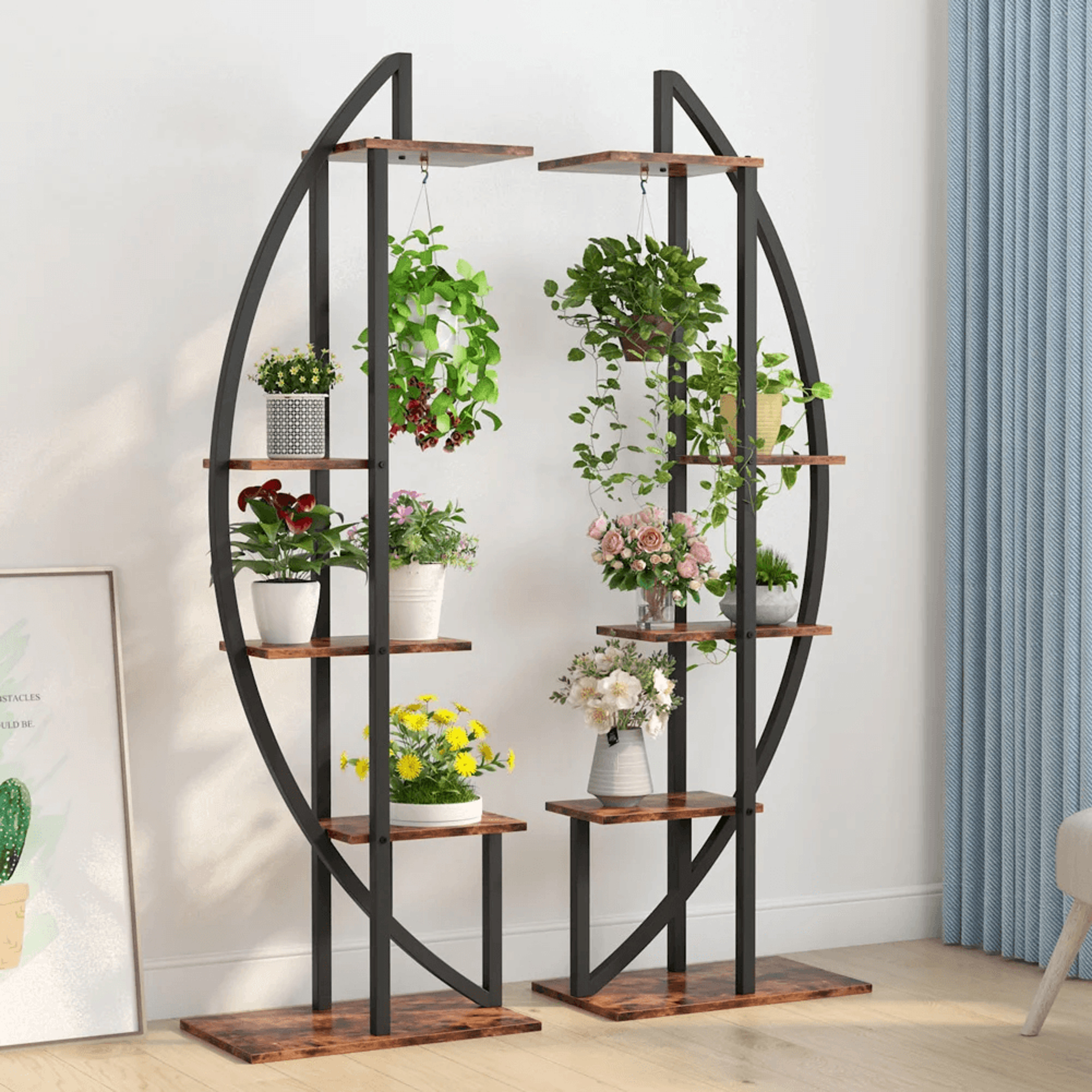 5 tier plant stand set of 2 with curved design and wood grain finish