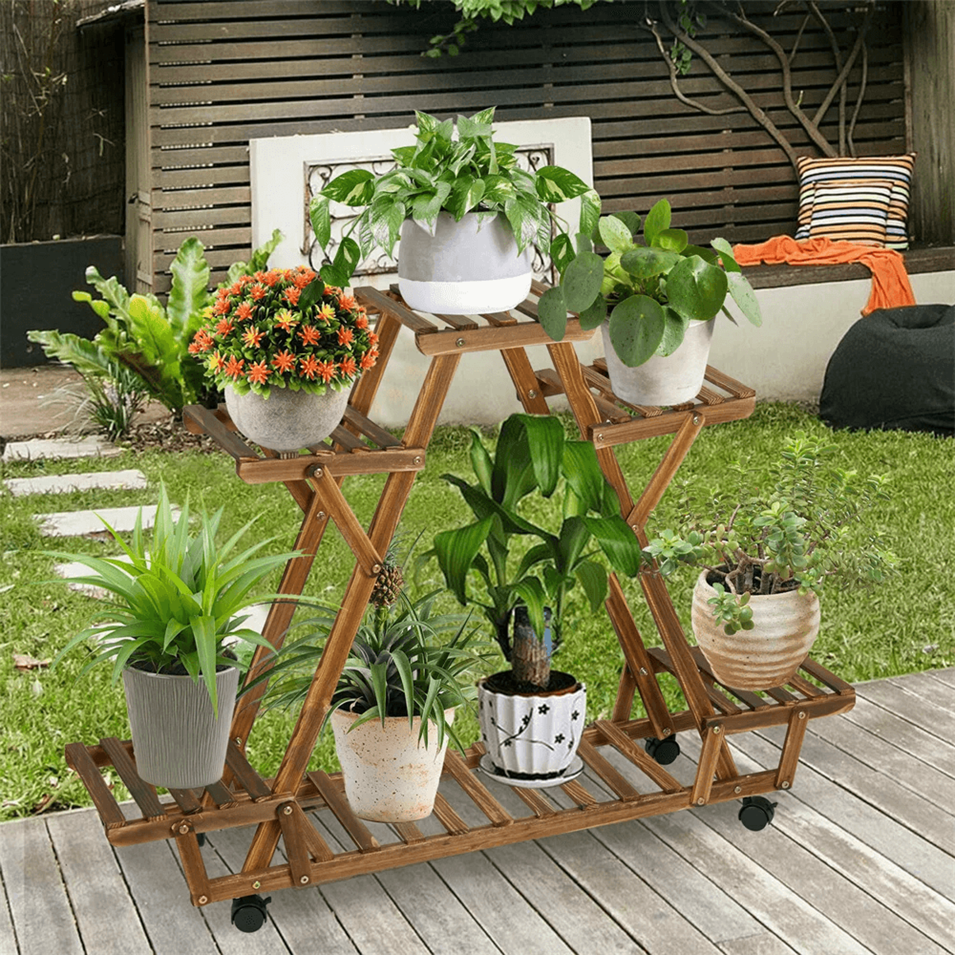 4 Tier Solid Pine Wood Plant Stand With Wheels For Indoor And Outdoor Use 4