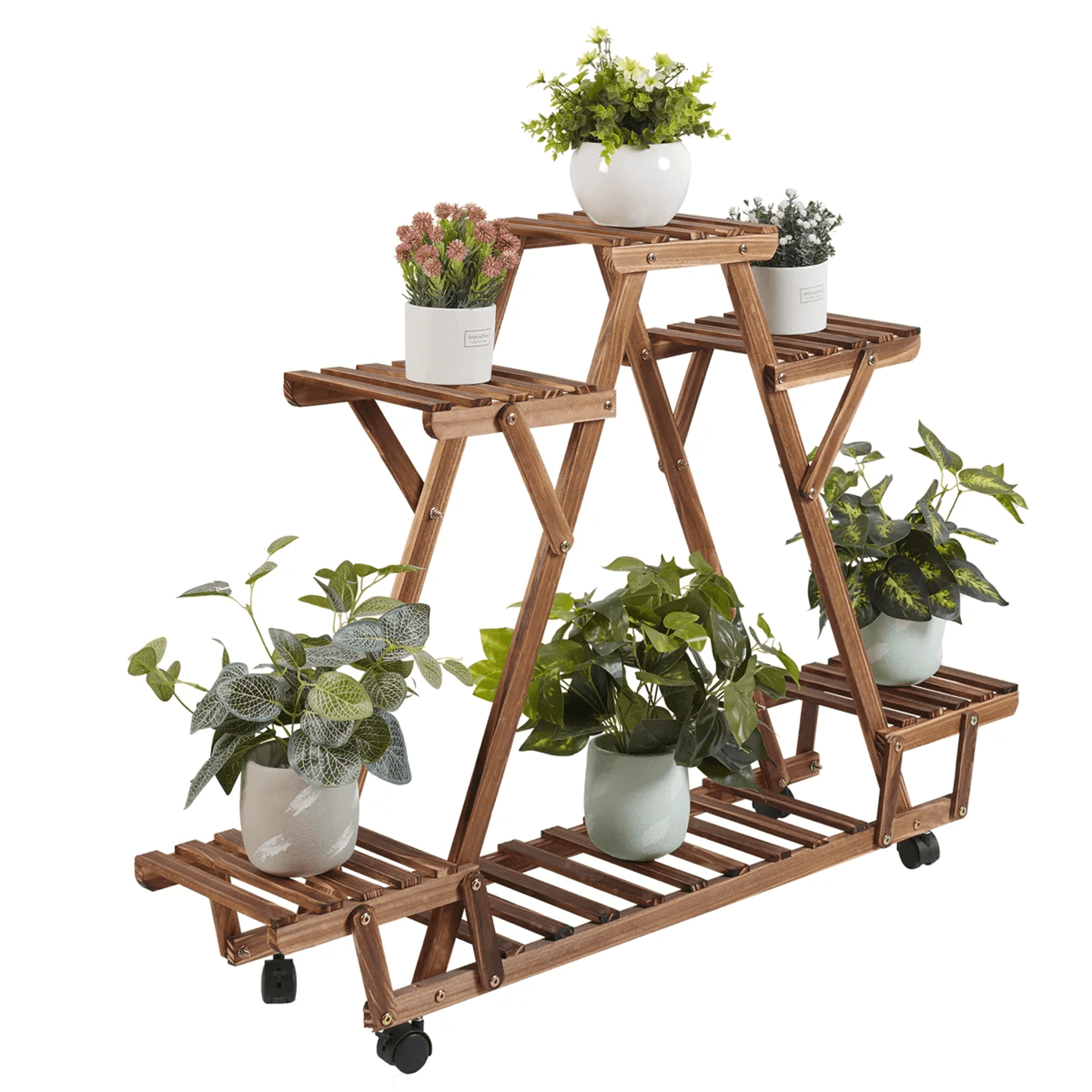 4 Tier Solid Pine Wood Plant Stand With Wheels For Indoor And Outdoor Use 2