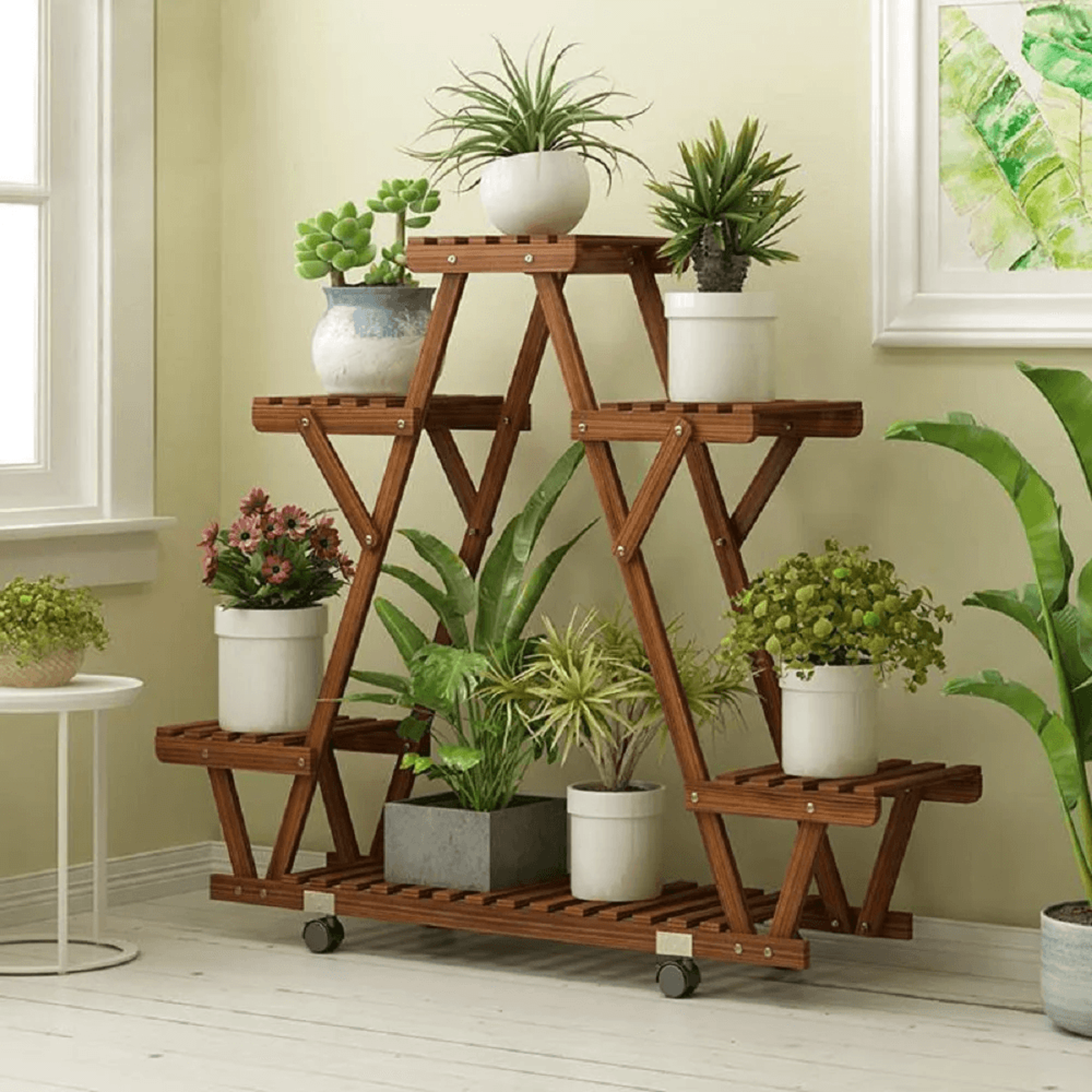 4 tier solid pine wood plant stand with wheels for indoor and outdoor use