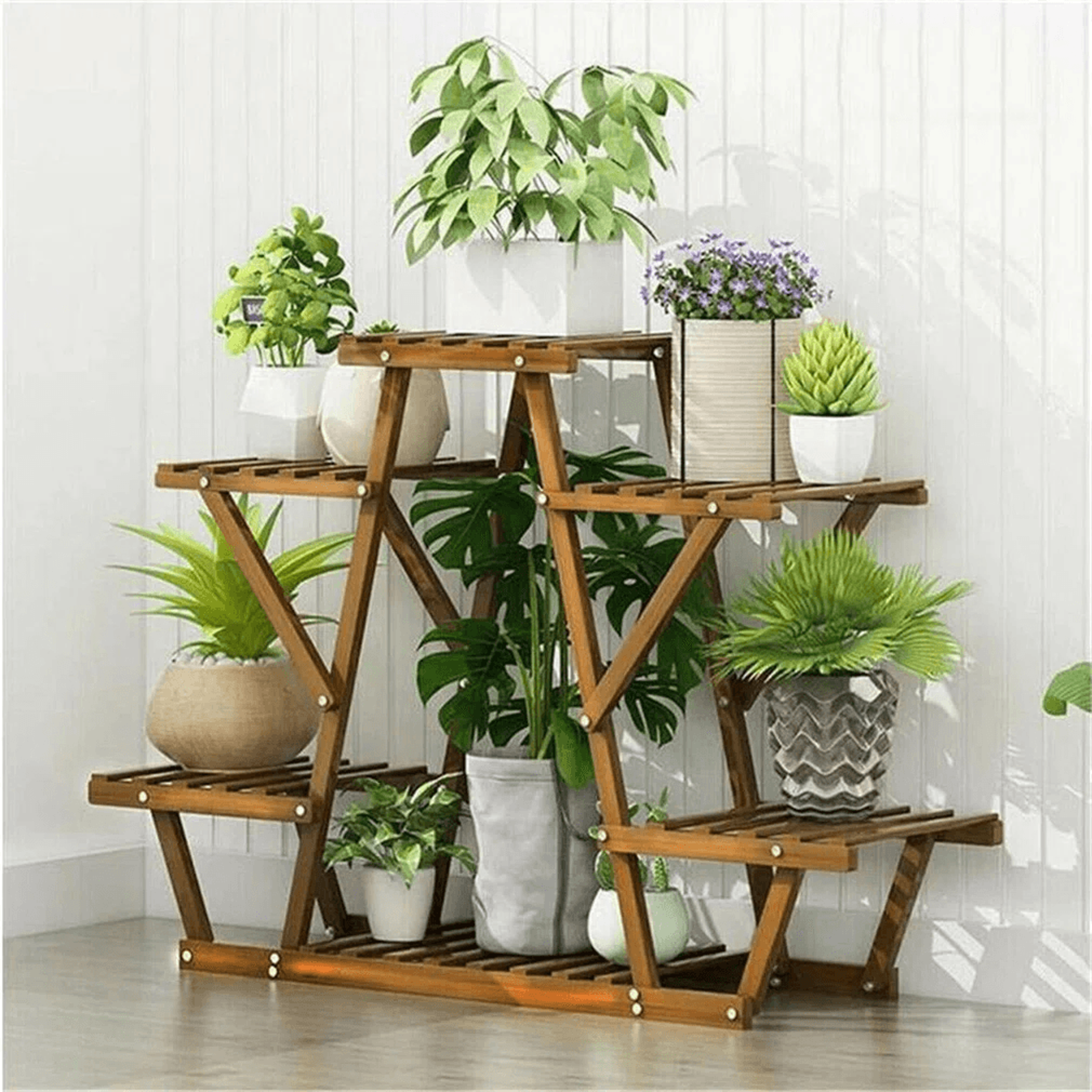 6 tier solid pine wood plant stand with rectangular shelf design