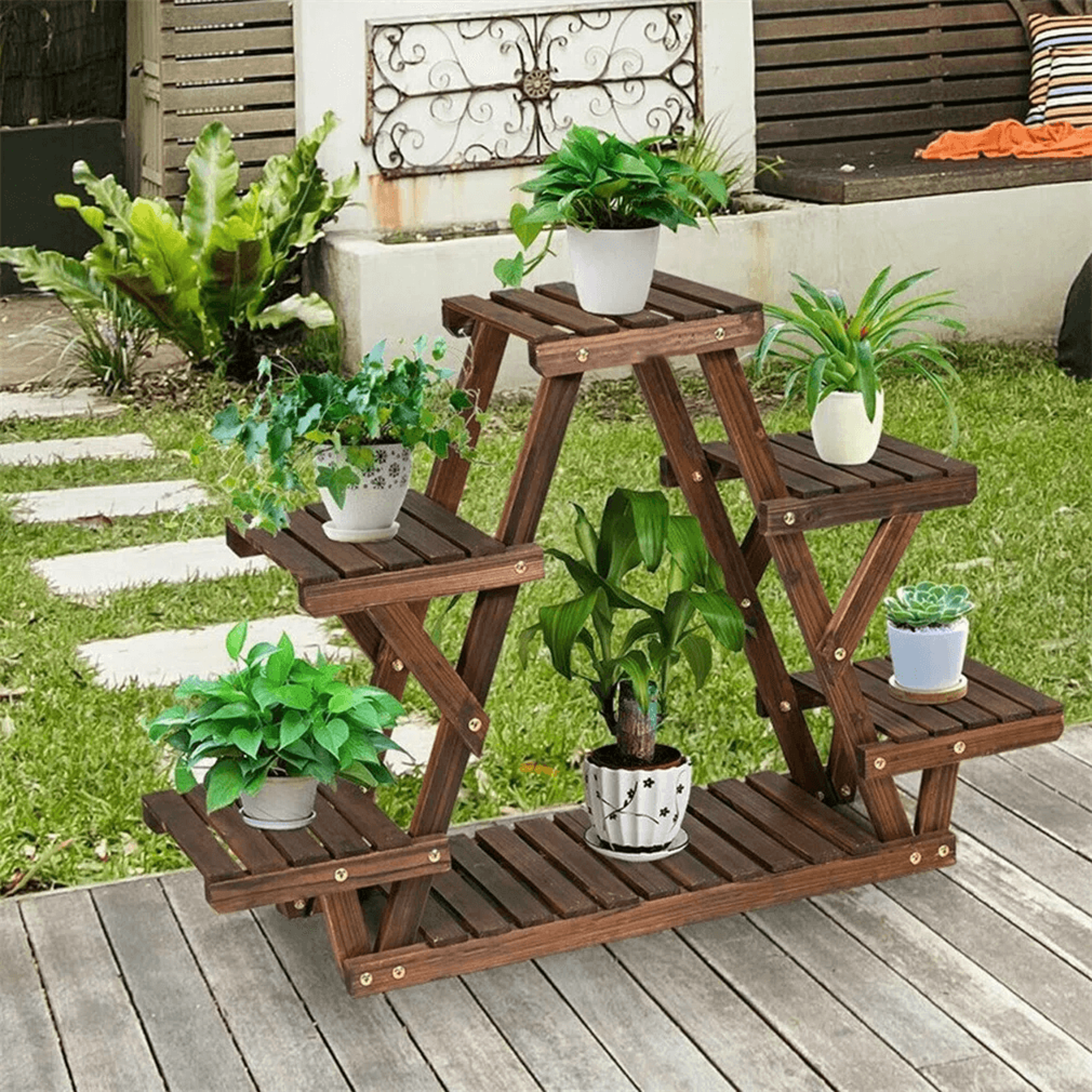 6 Tier Solid Pine Wood Plant Stand With Rectangular Shelf Design 3
