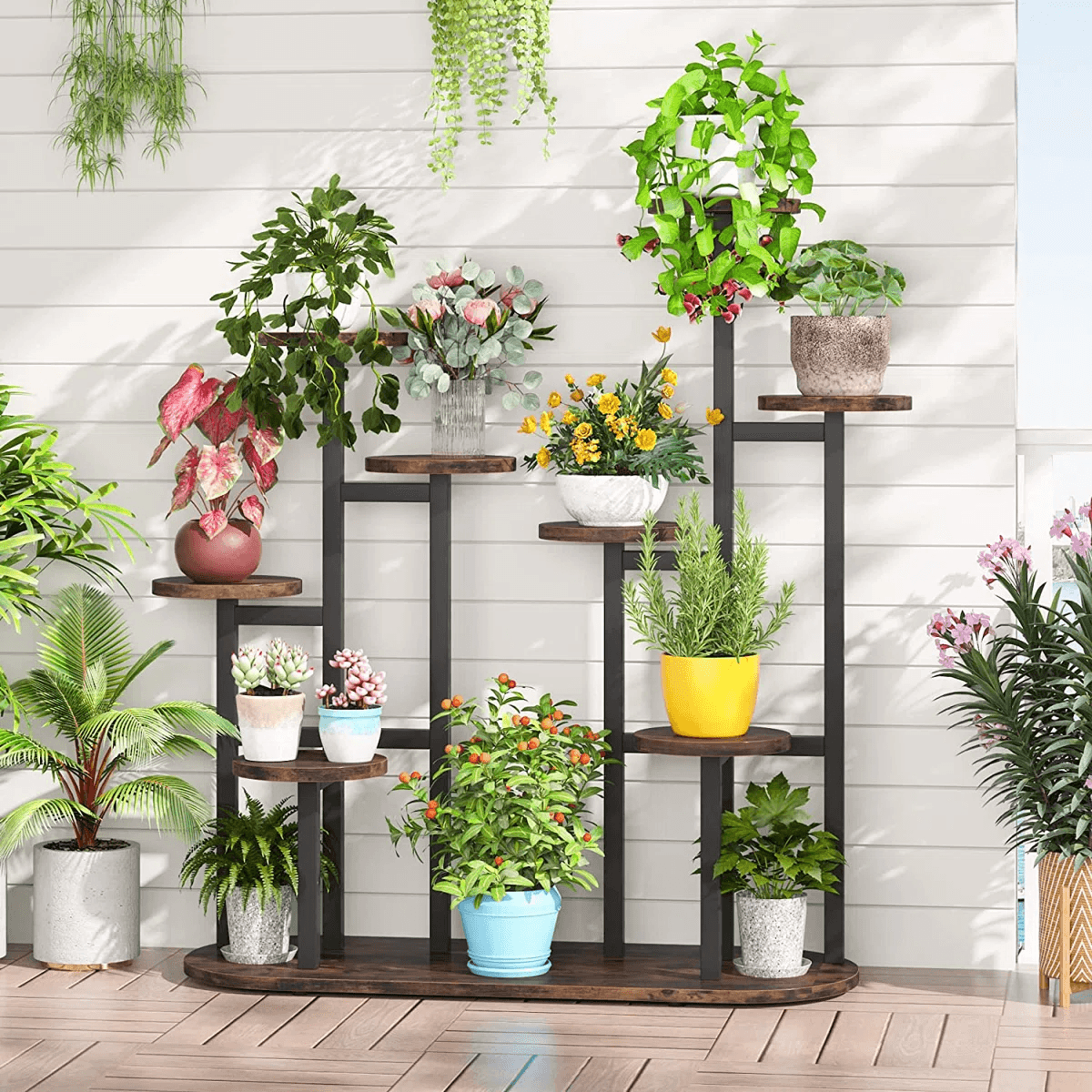 9 Tier Plant Stand With Metal Frame And Wood Grain Shelves For Indoor And Outdoor Use 7
