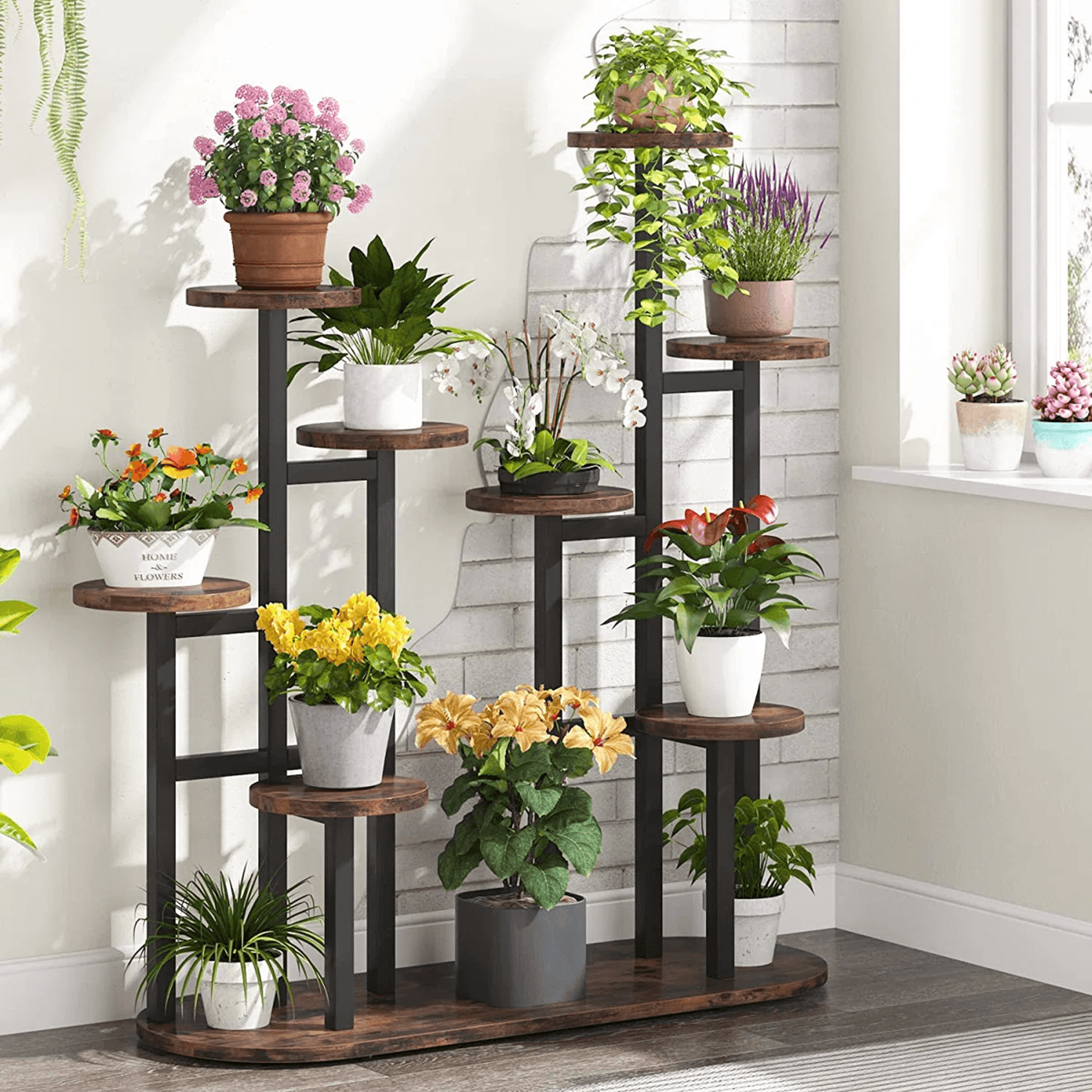 9 tier plant stand with metal frame and wood grain shelves for indoor and outdoor use