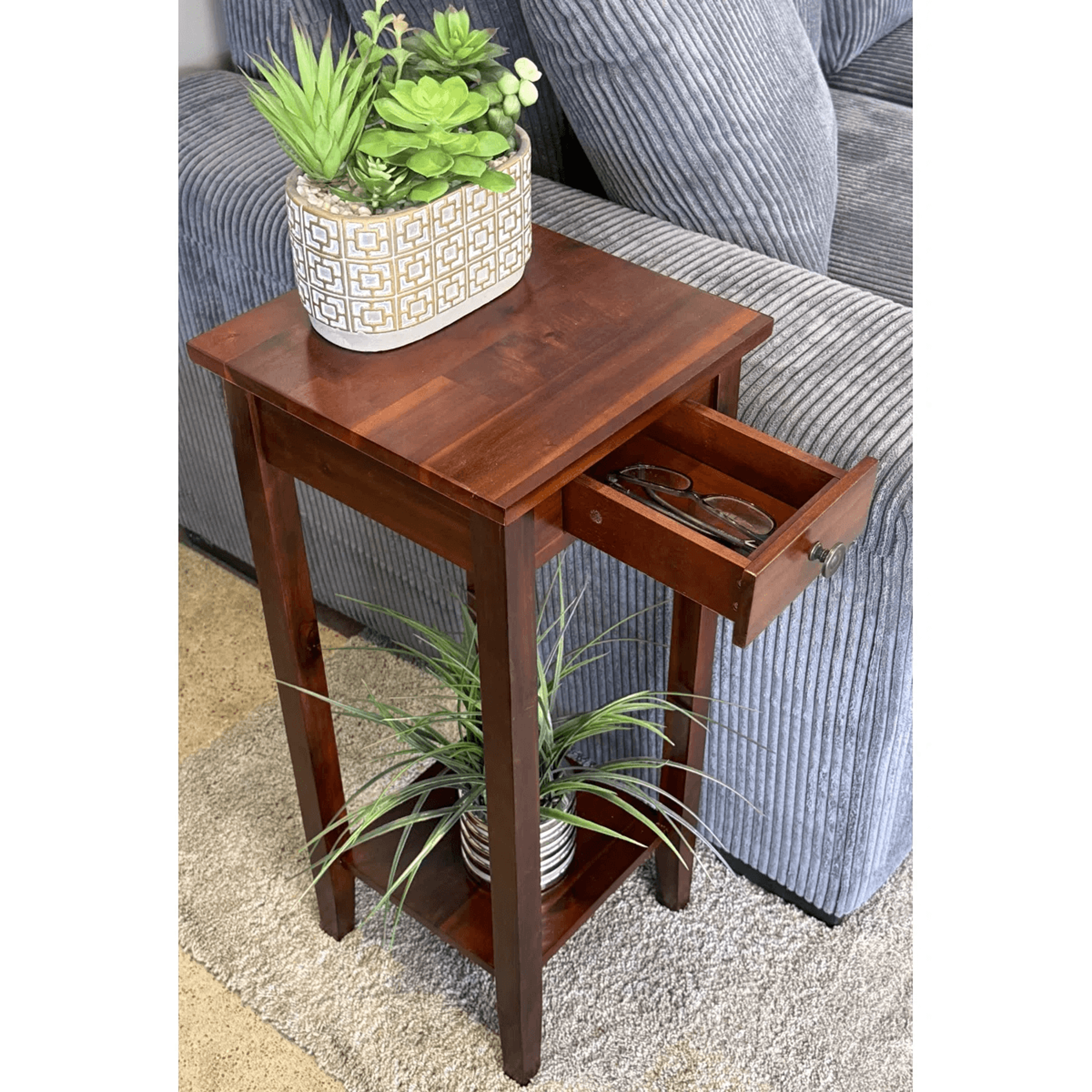 2 tier solid acacia wood plant stand with drawer and storage shelf