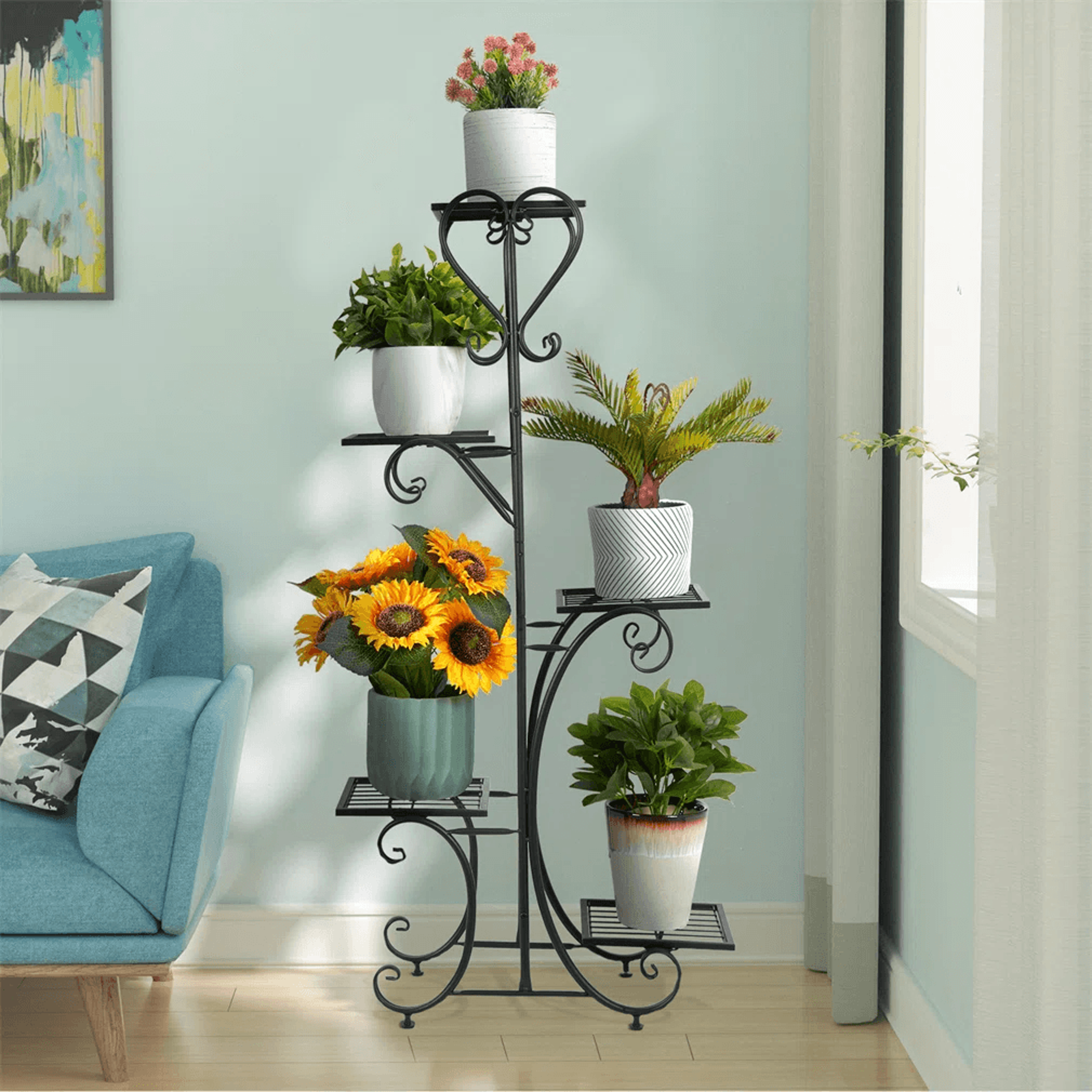 5 Tier Plant Stand With Solid Wood Base And Metal Shelves Black 7