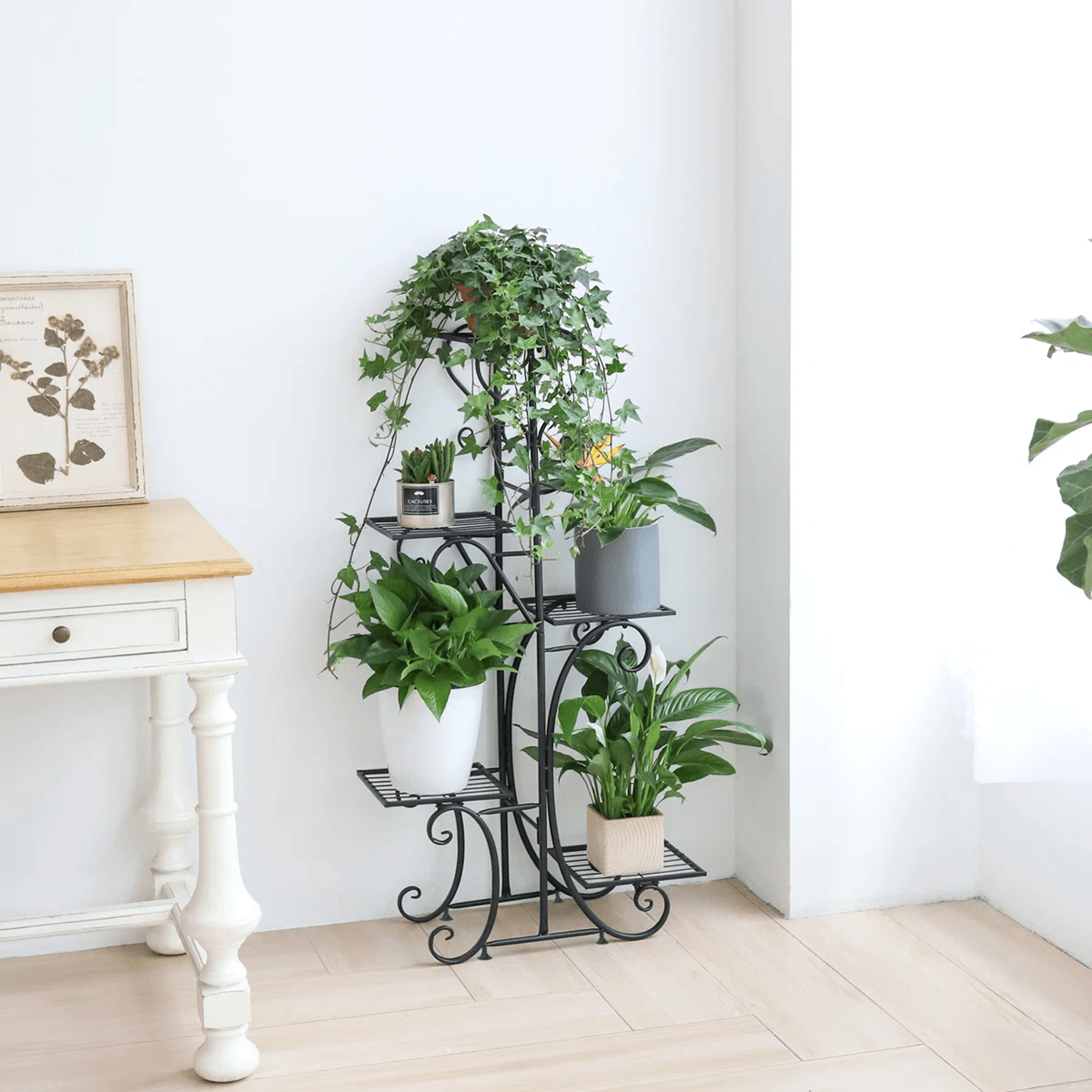 5 Tier Plant Stand With Solid Wood Base And Metal Shelves Black 4