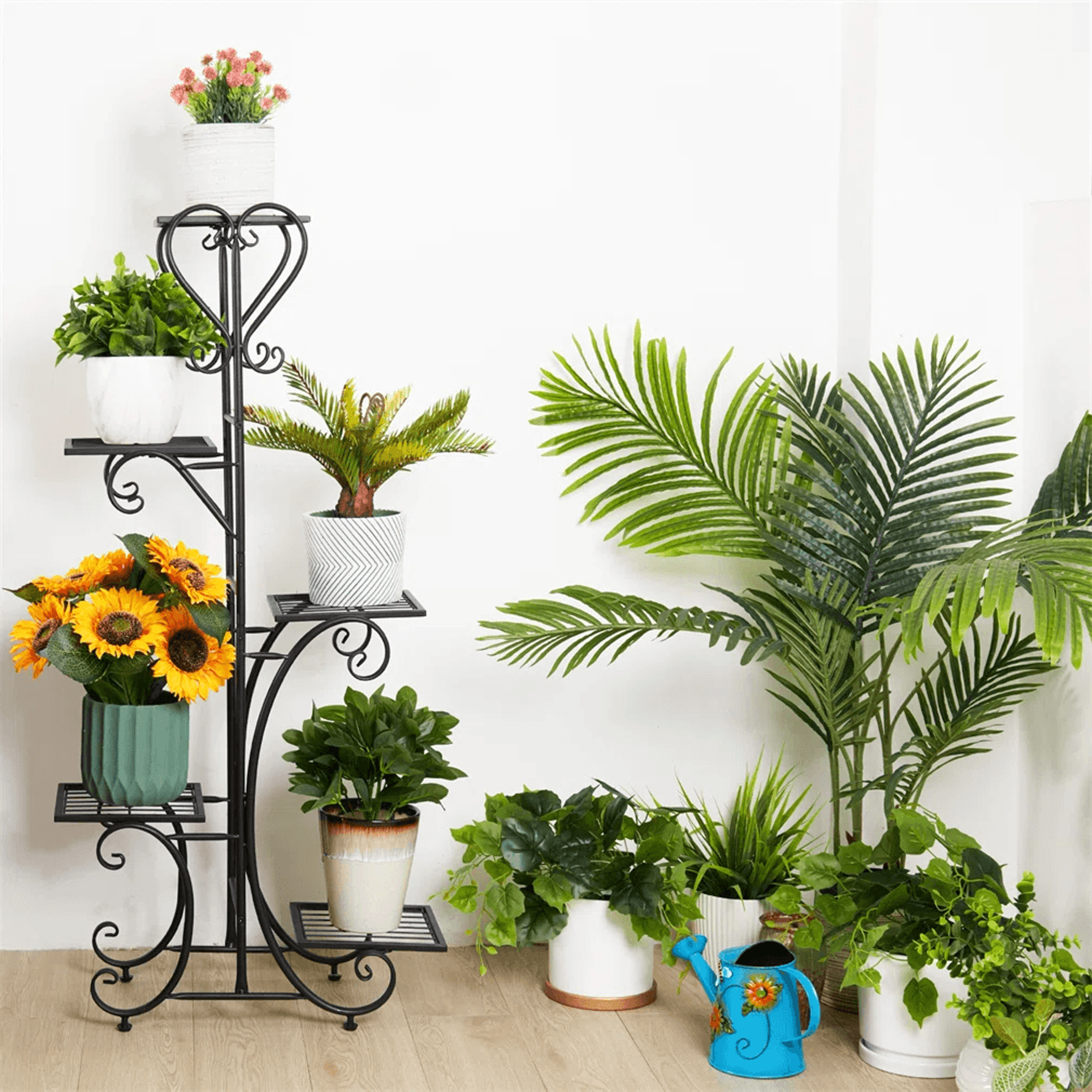 5 Tier Plant Stand With Solid Wood Base And Metal Shelves Black 2