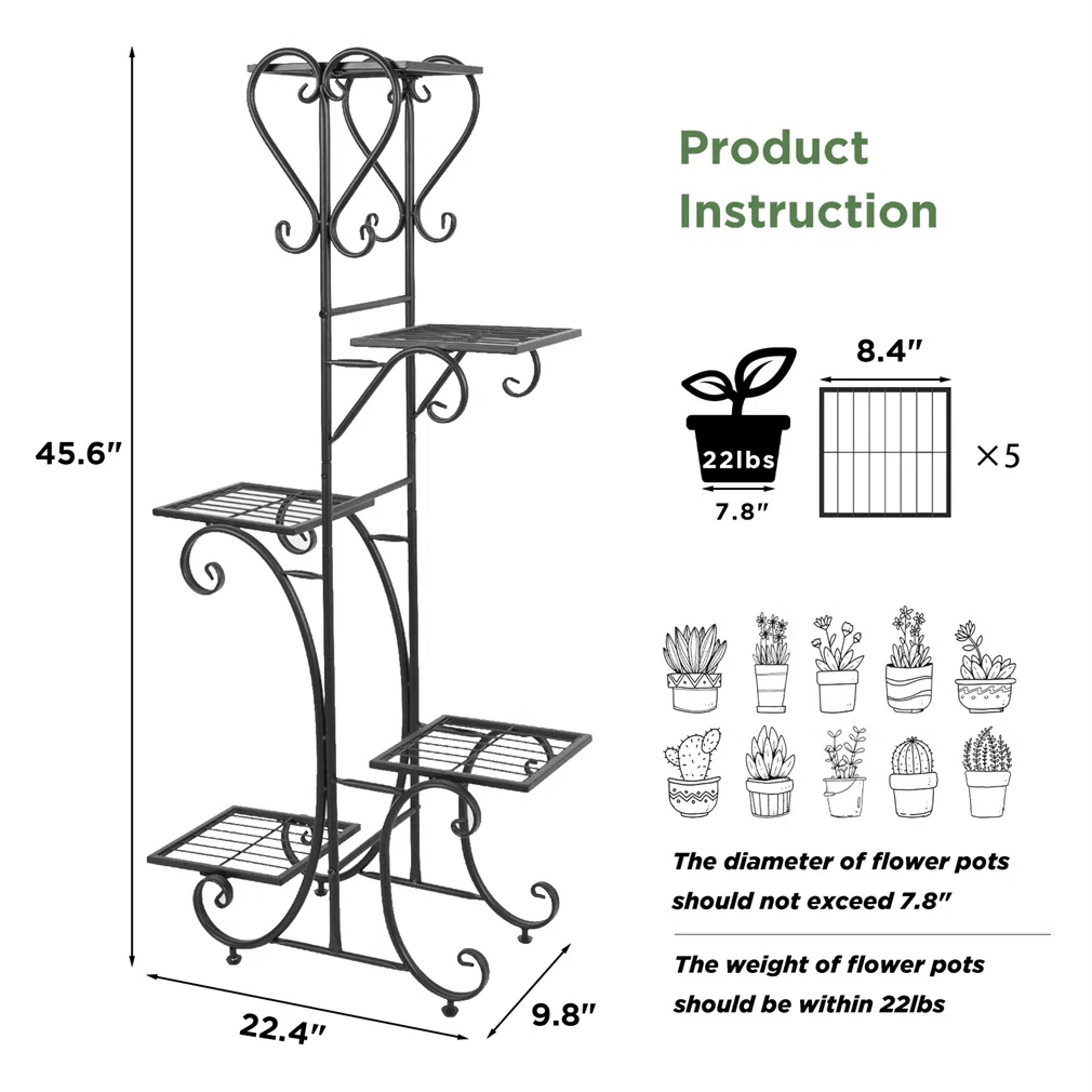 5 Tier Plant Stand With Solid Wood Base And Metal Shelves Black 1