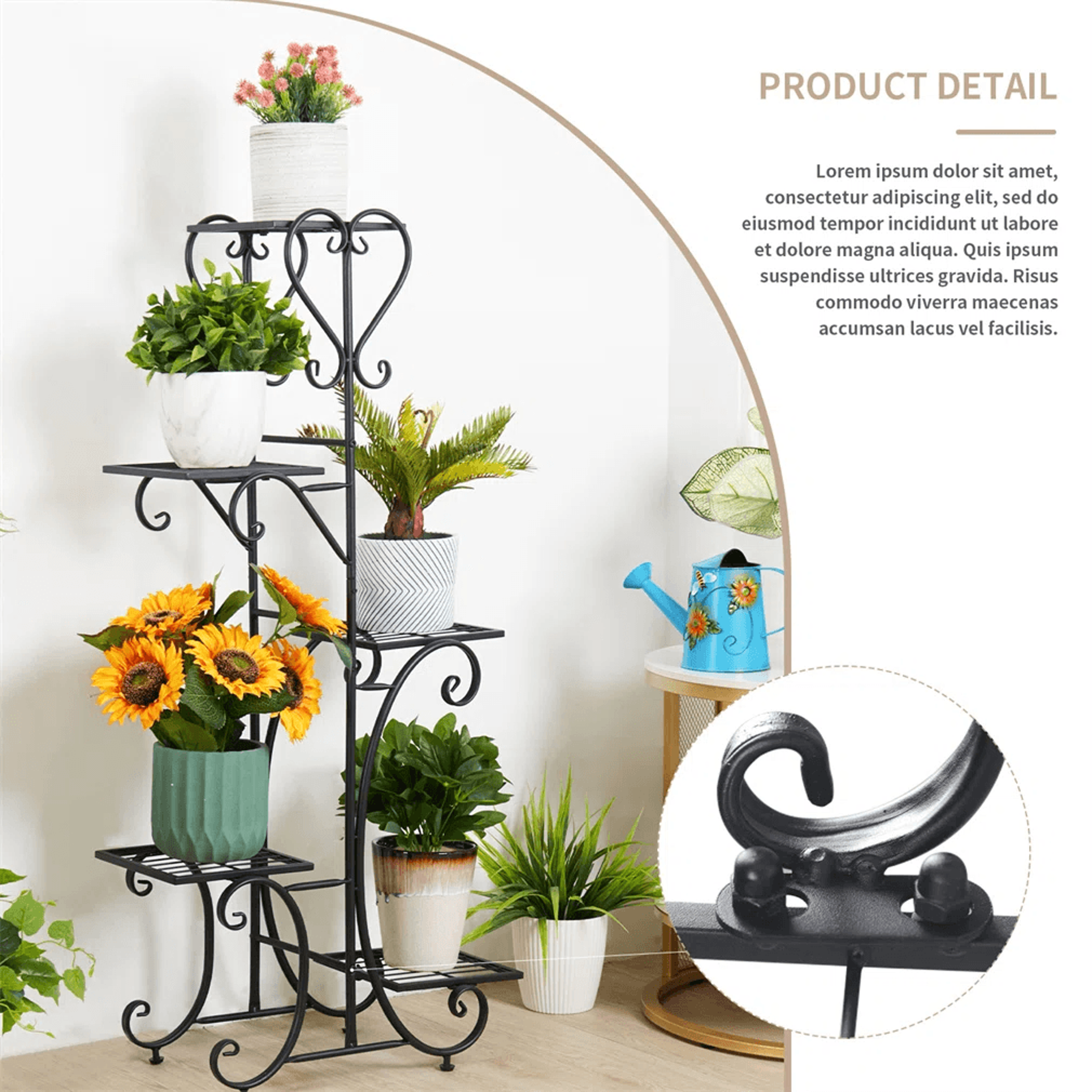 5 Tier Plant Stand With Solid Wood Base And Metal Shelves Black 6