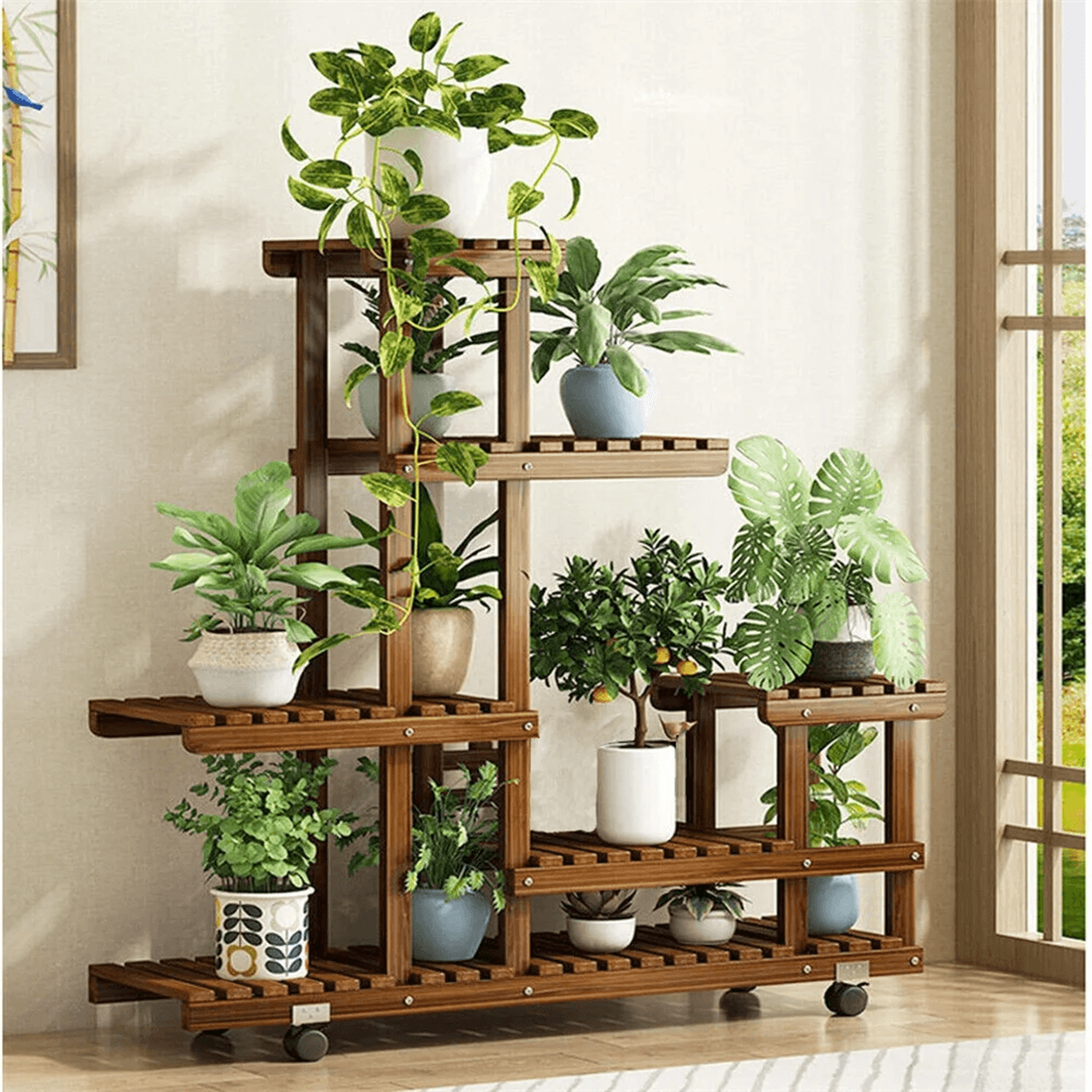 6 tier wooden plant stand with rolling wheels and locking design