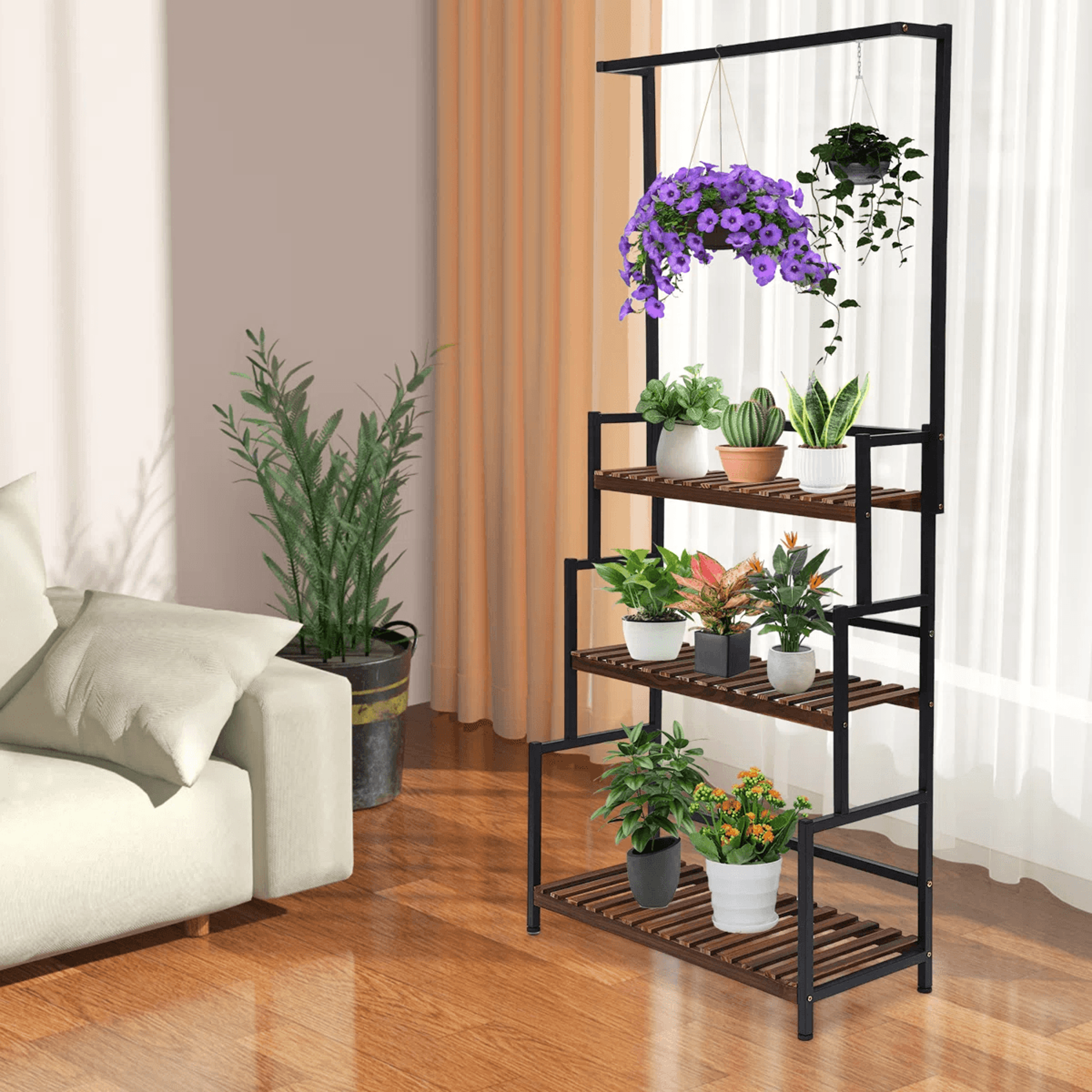 3 Tier Metal Plant Stand With Hanging Rod For Indoor And Outdoor Plants 1