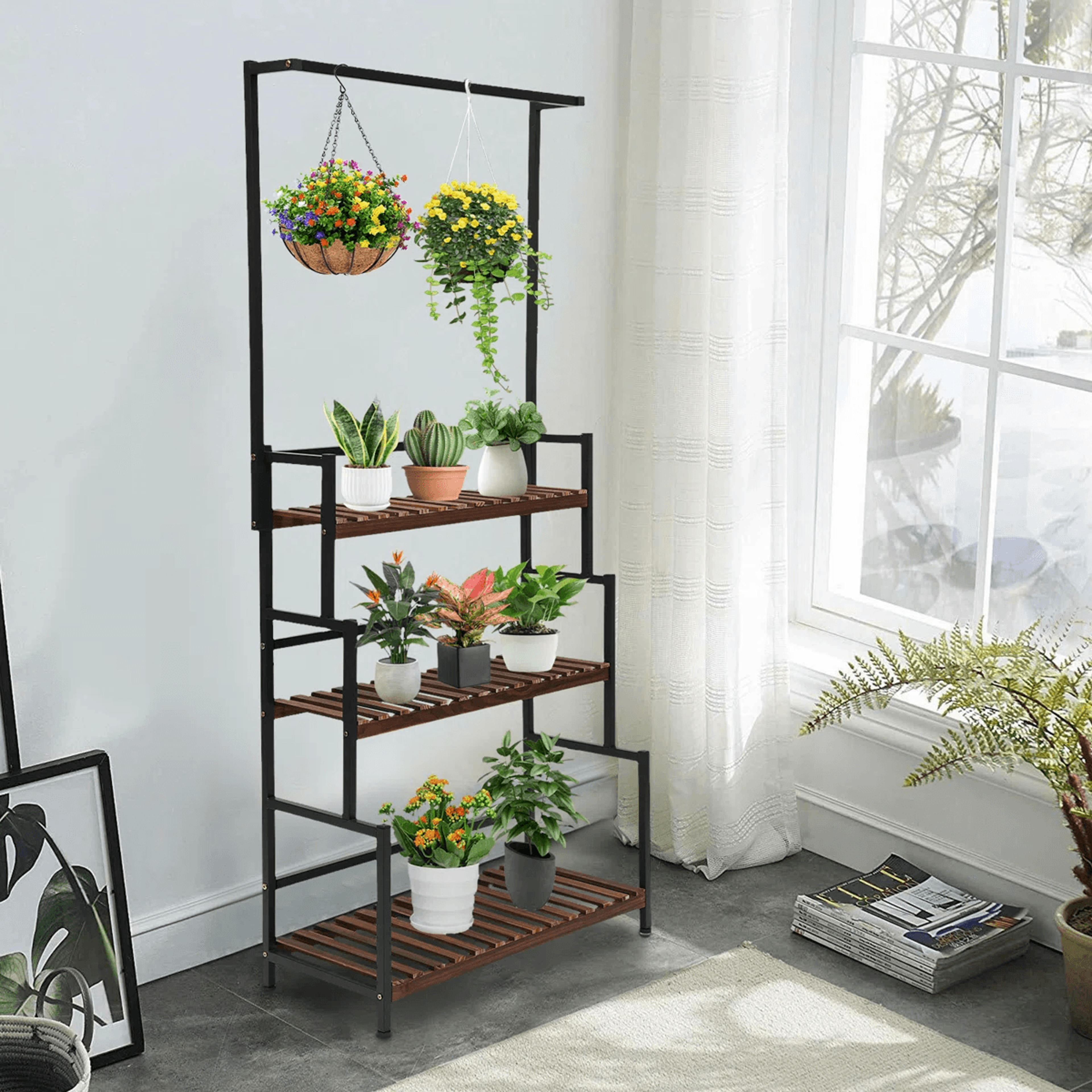 3 tier metal plant stand with hanging rod for indoor and outdoor plants