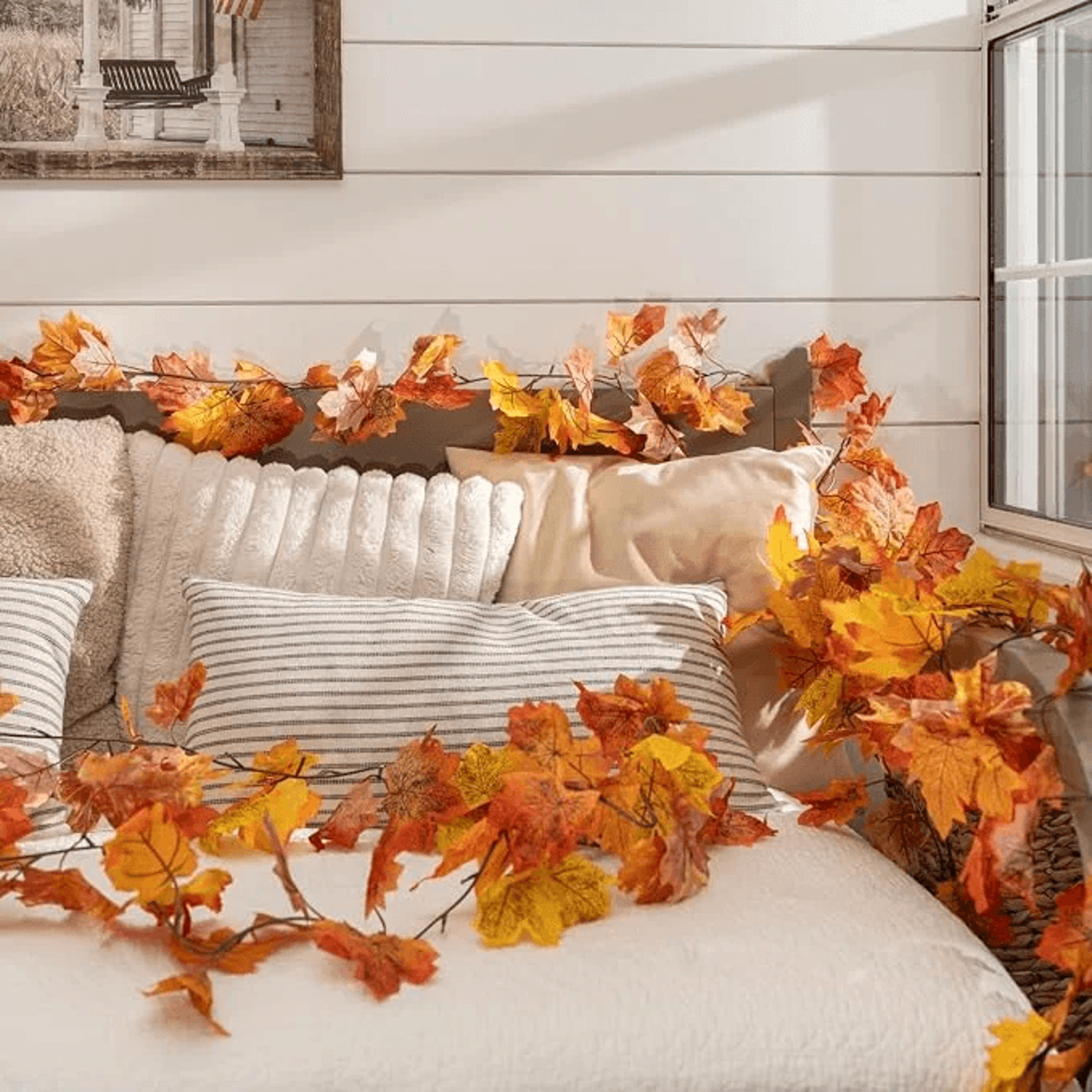 Artificial Maple Leaf Fall Garland 59 Ft Orange Autumn Decoration Set Of 2 2