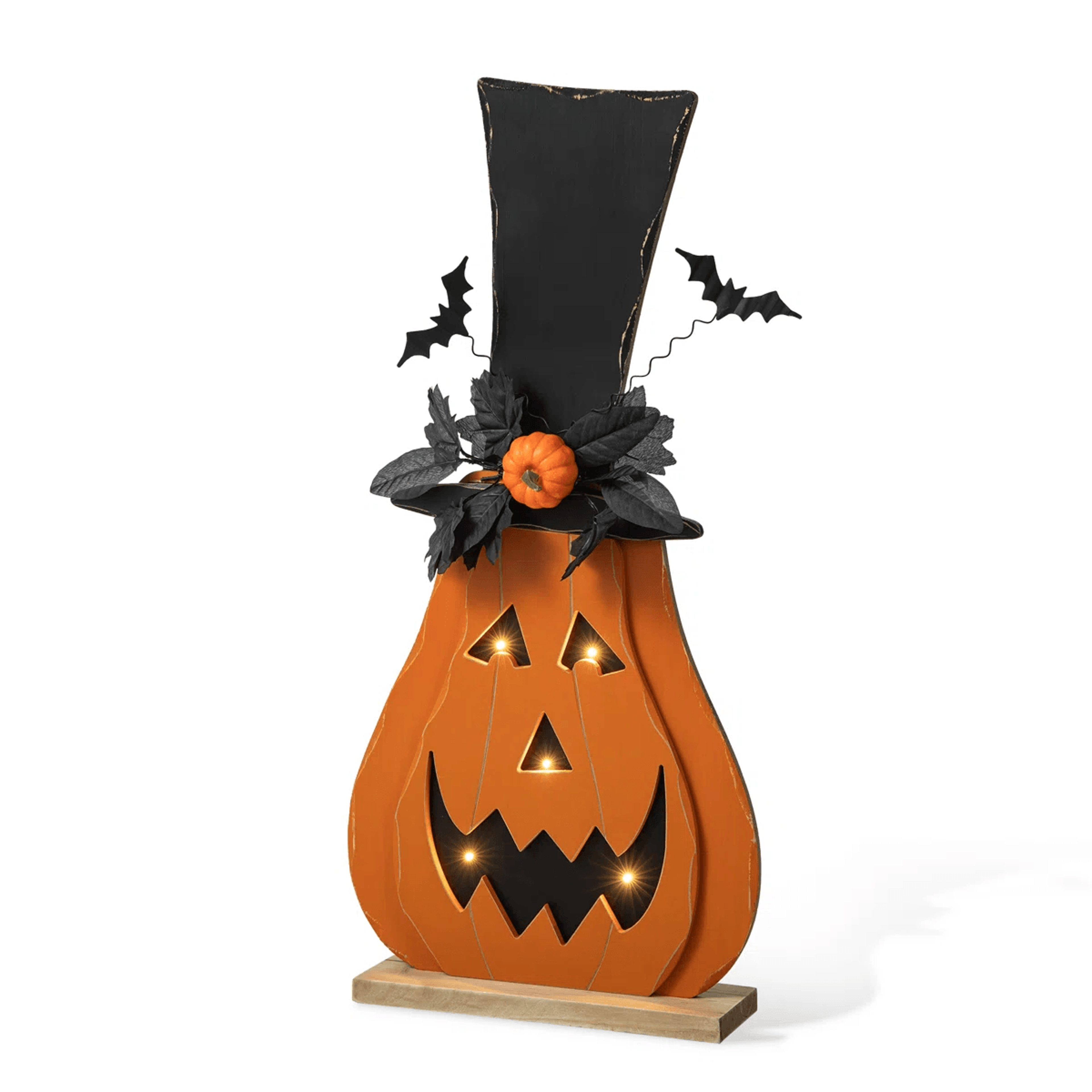 lighted wooden jack o lantern halloween porch decoration with timer
