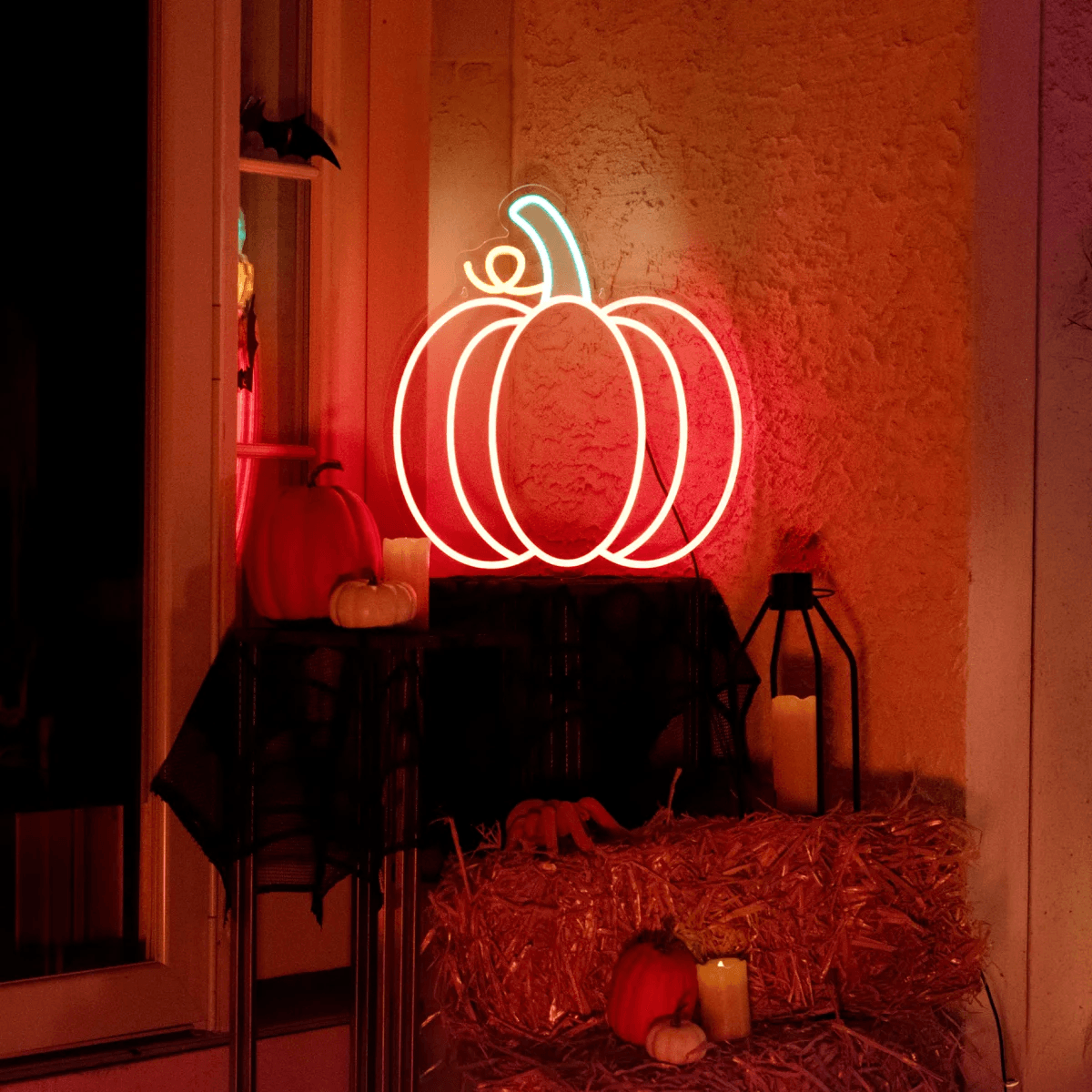 neon led pumpkin halloween wall decoration with orange and yellow lights