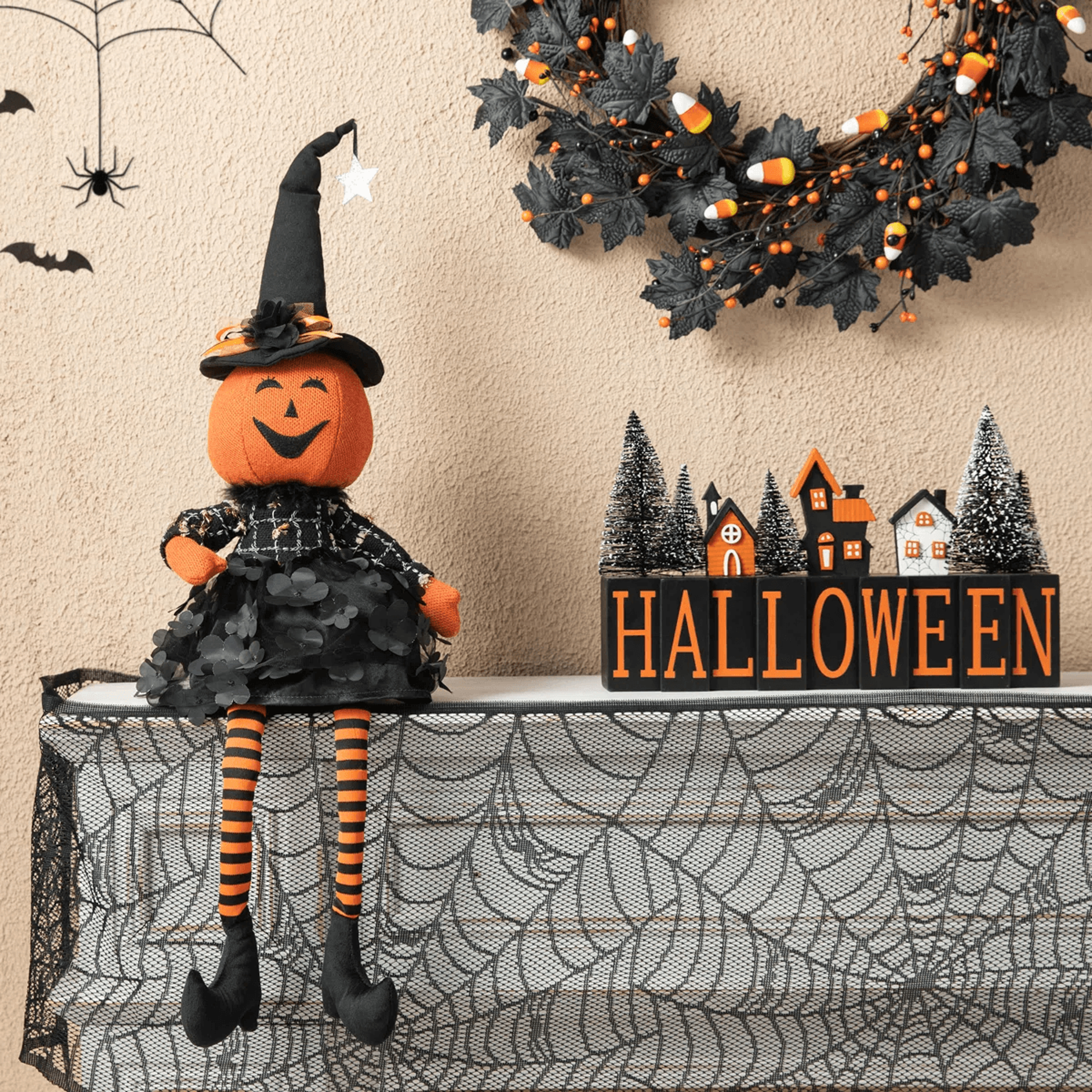 Handmade Witch Pumpkin Halloween Decoration With Fabric Outfit 1