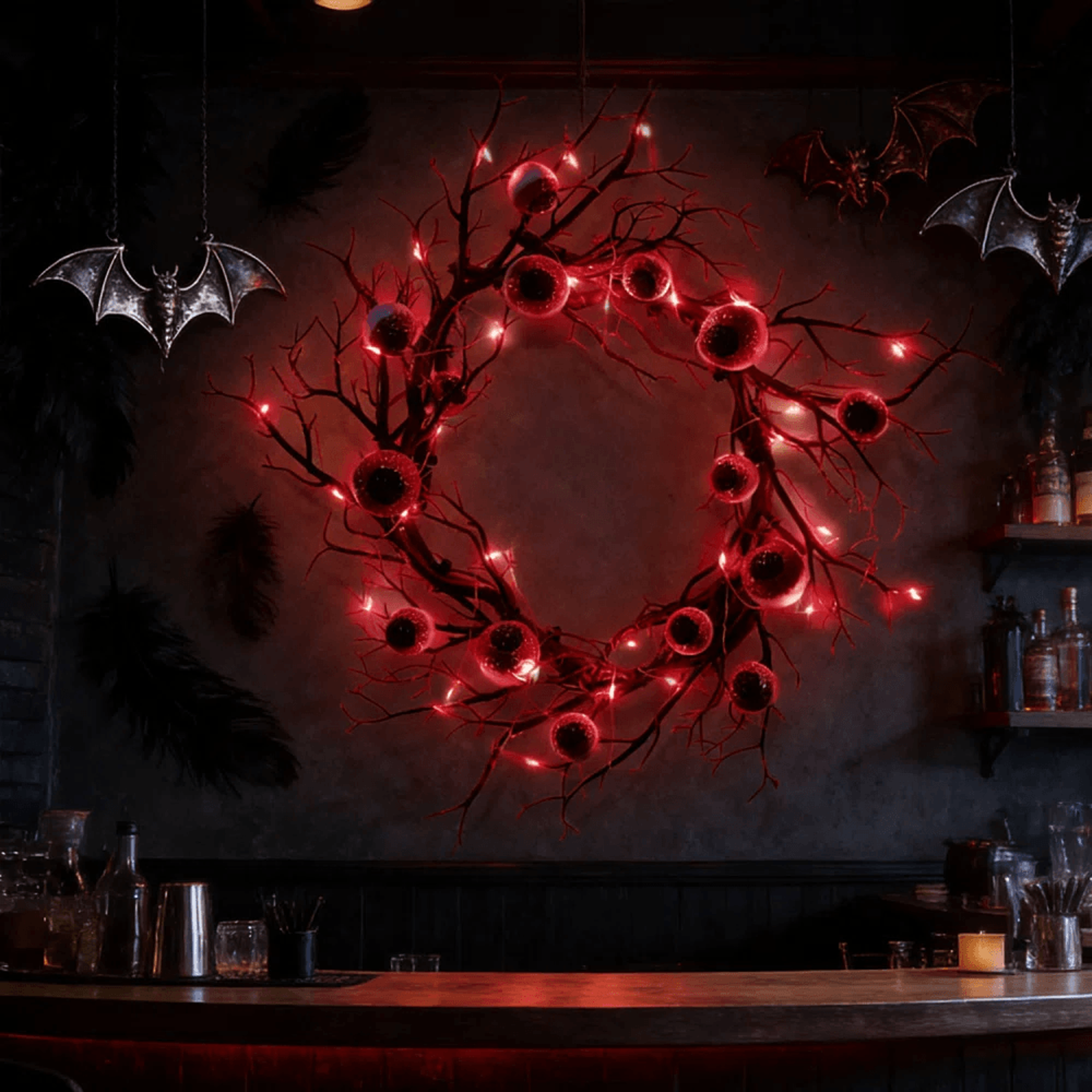 black halloween eyeball wreath with 30 red led lights