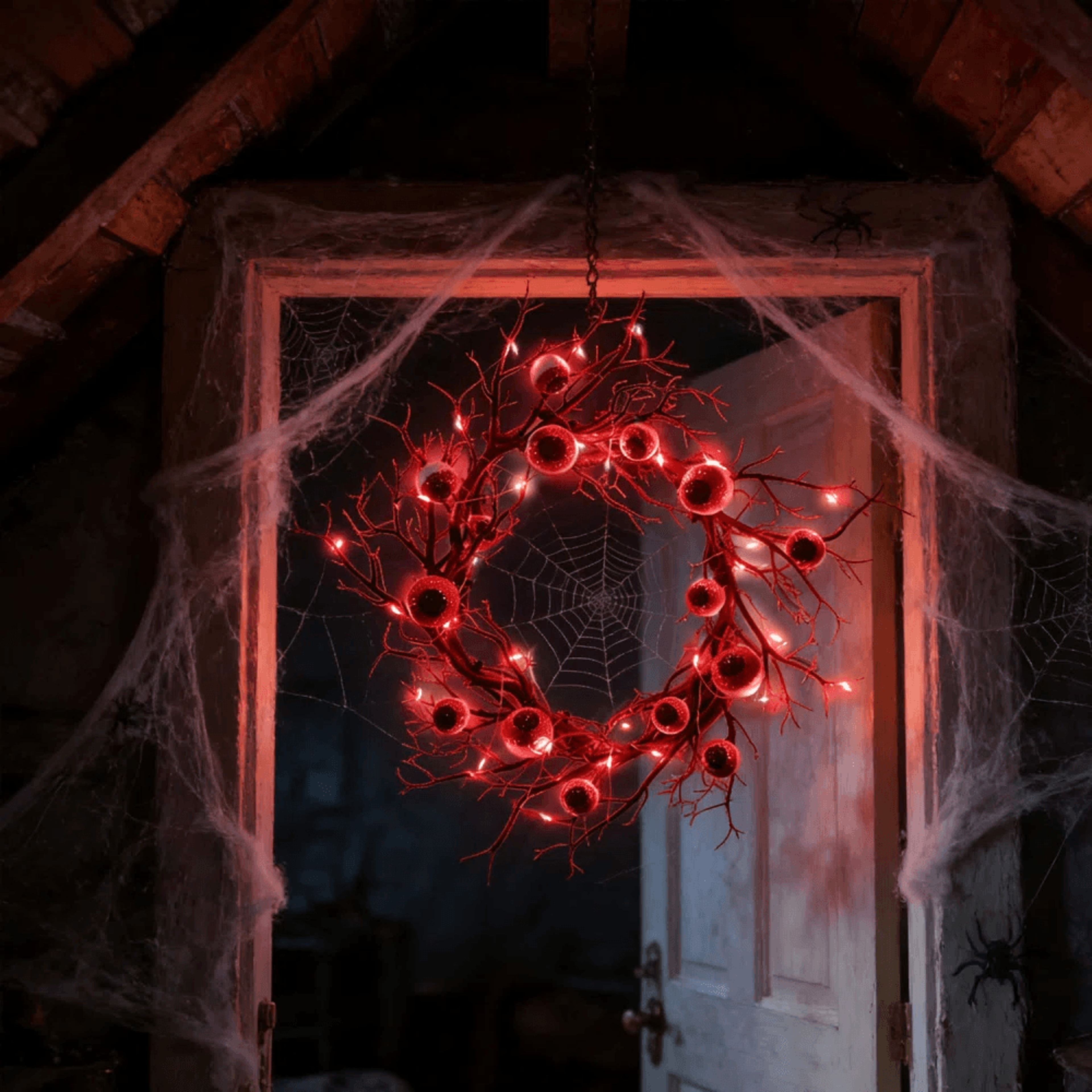 Black Halloween Eyeball Wreath With 30 Red LED Lights 3