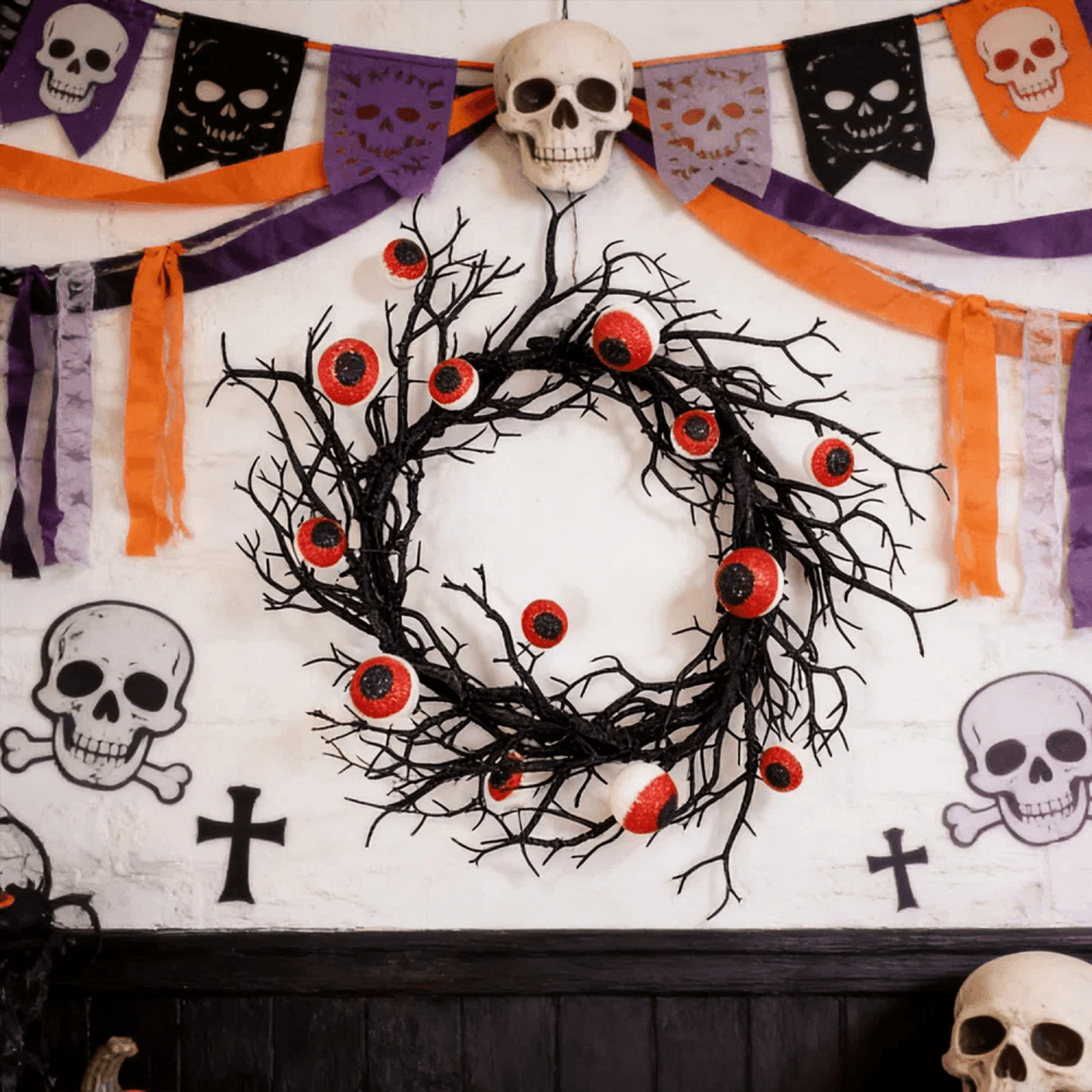Black Halloween Eyeball Wreath With 30 Red LED Lights 11