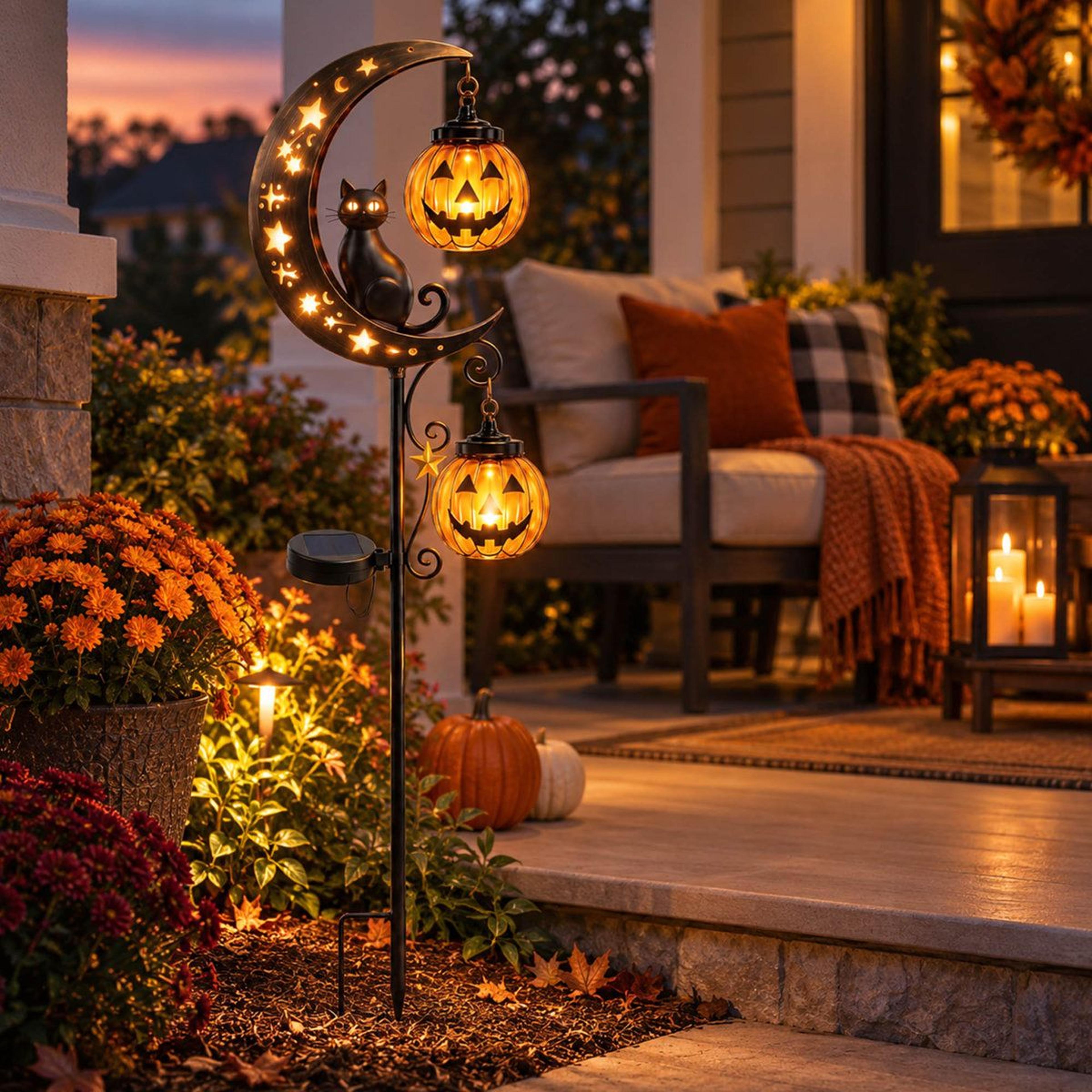 Solar Halloween Pumpkin Moon Garden Stake Light With Black Cat And LED Glow 4