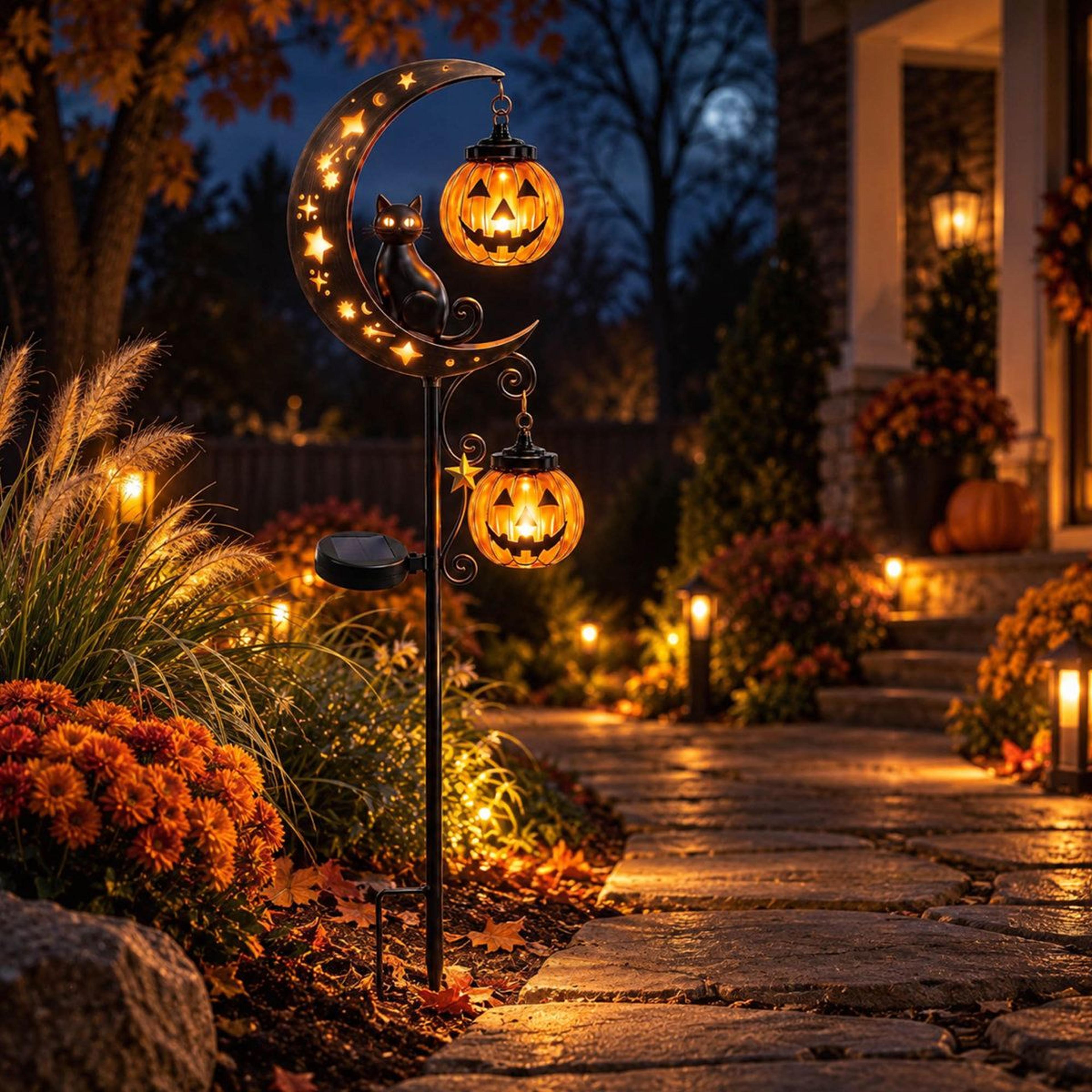 Solar Halloween Pumpkin Moon Garden Stake Light With Black Cat And LED Glow 3