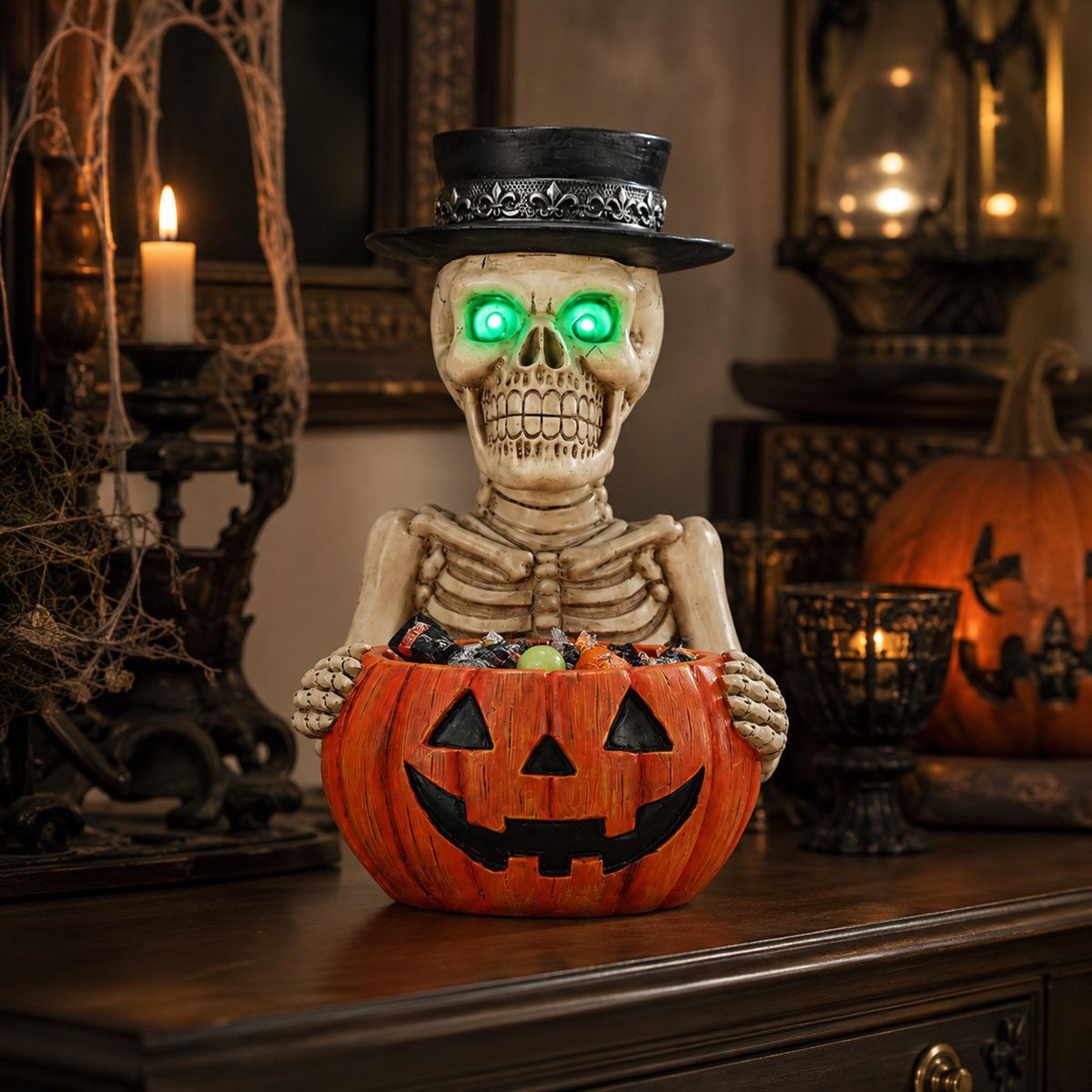 Lighted Skeleton Halloween Tabletop Decor With Green LED Eyes And Candy Bowl 5