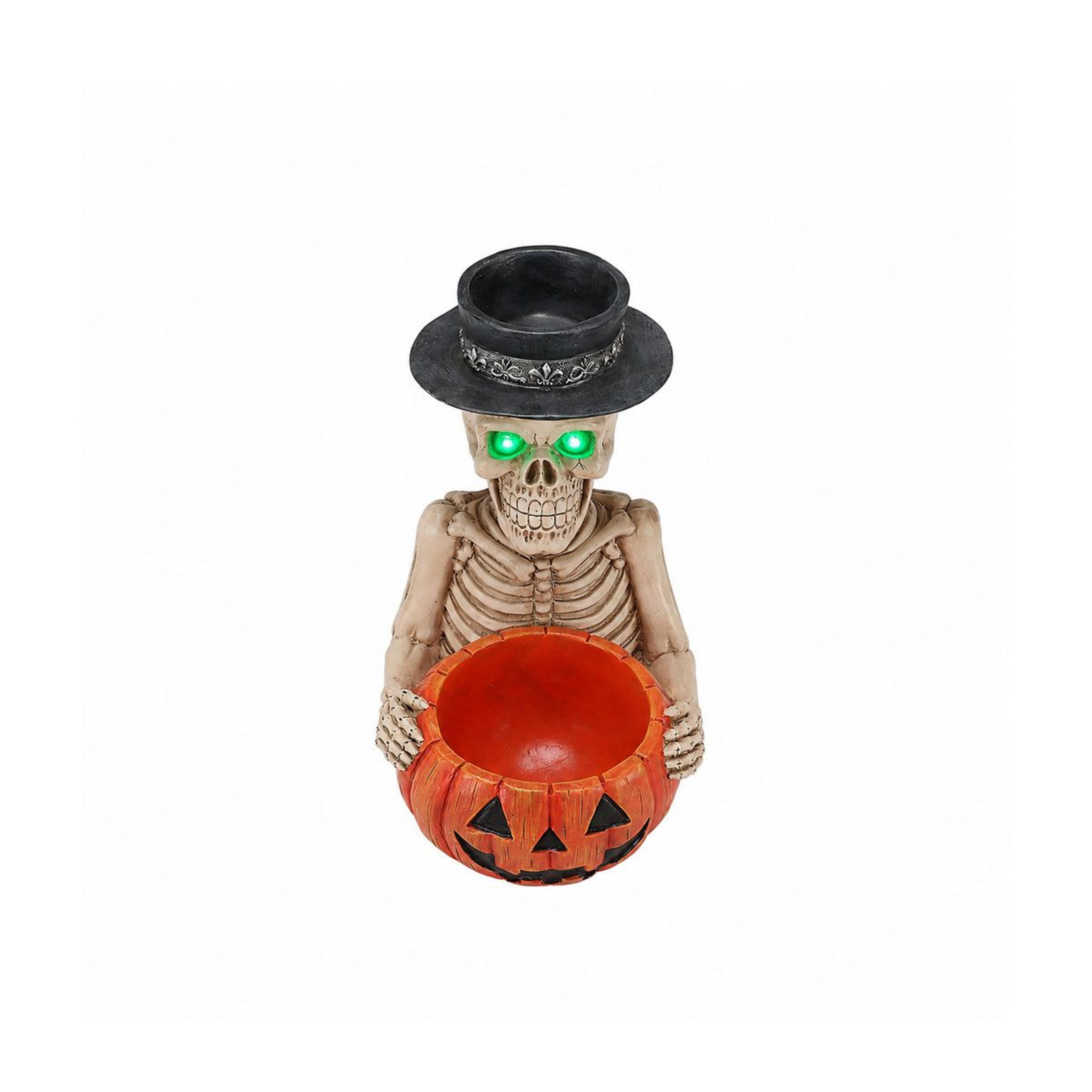 Lighted Skeleton Halloween Tabletop Decor With Green LED Eyes And Candy Bowl 3