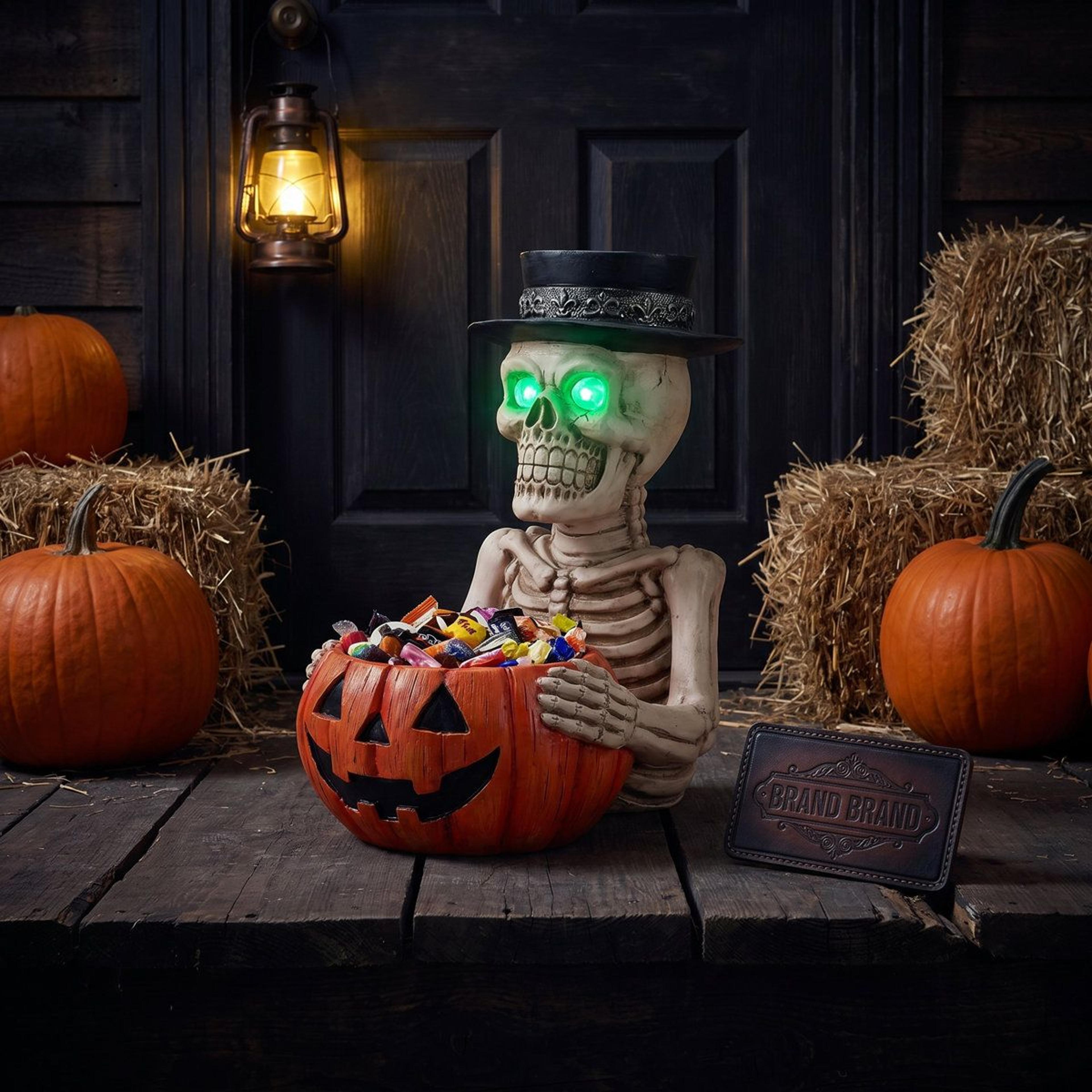 Lighted Skeleton Halloween Tabletop Decor With Green LED Eyes And Candy Bowl 7