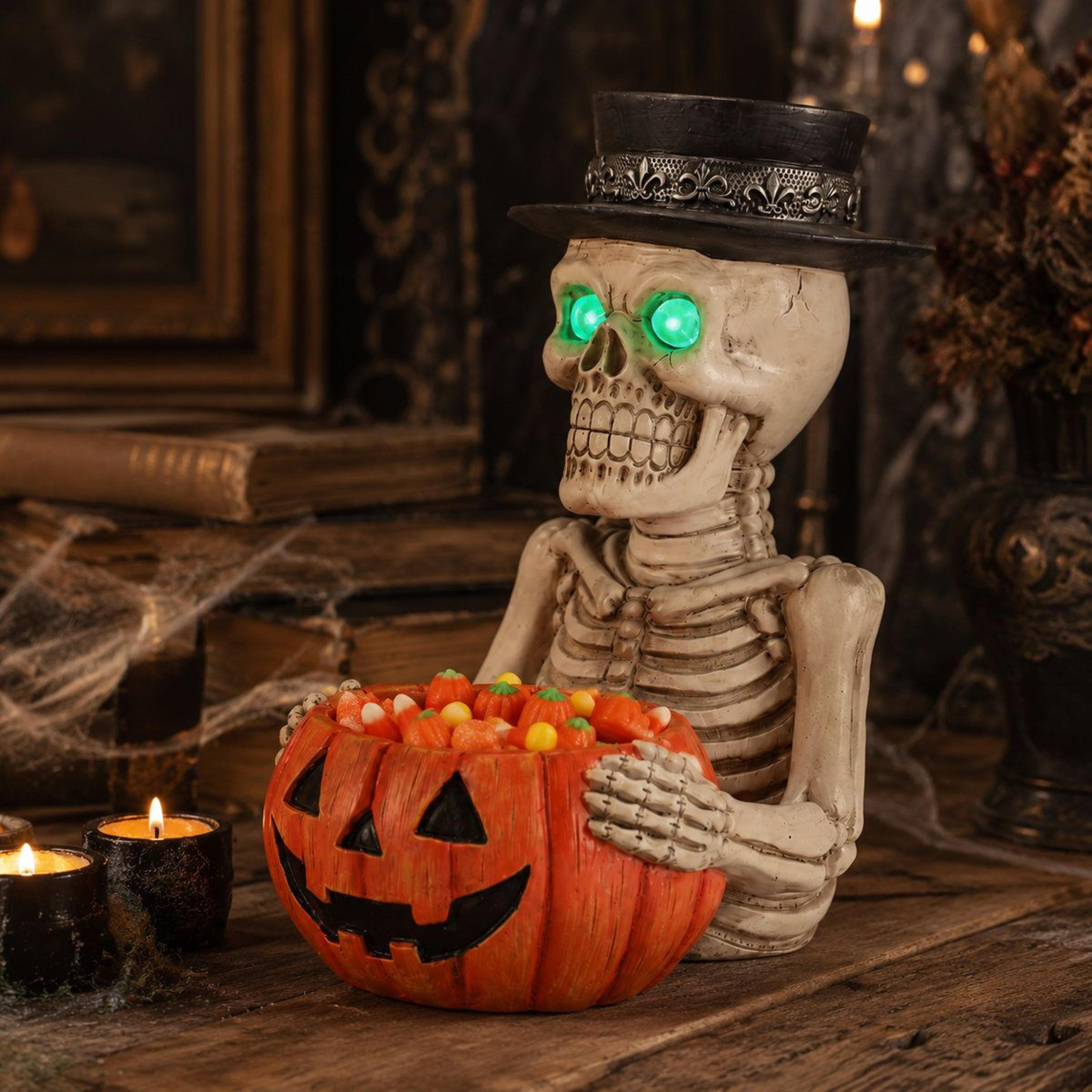 Lighted Skeleton Halloween Tabletop Decor With Green LED Eyes And Candy Bowl 8
