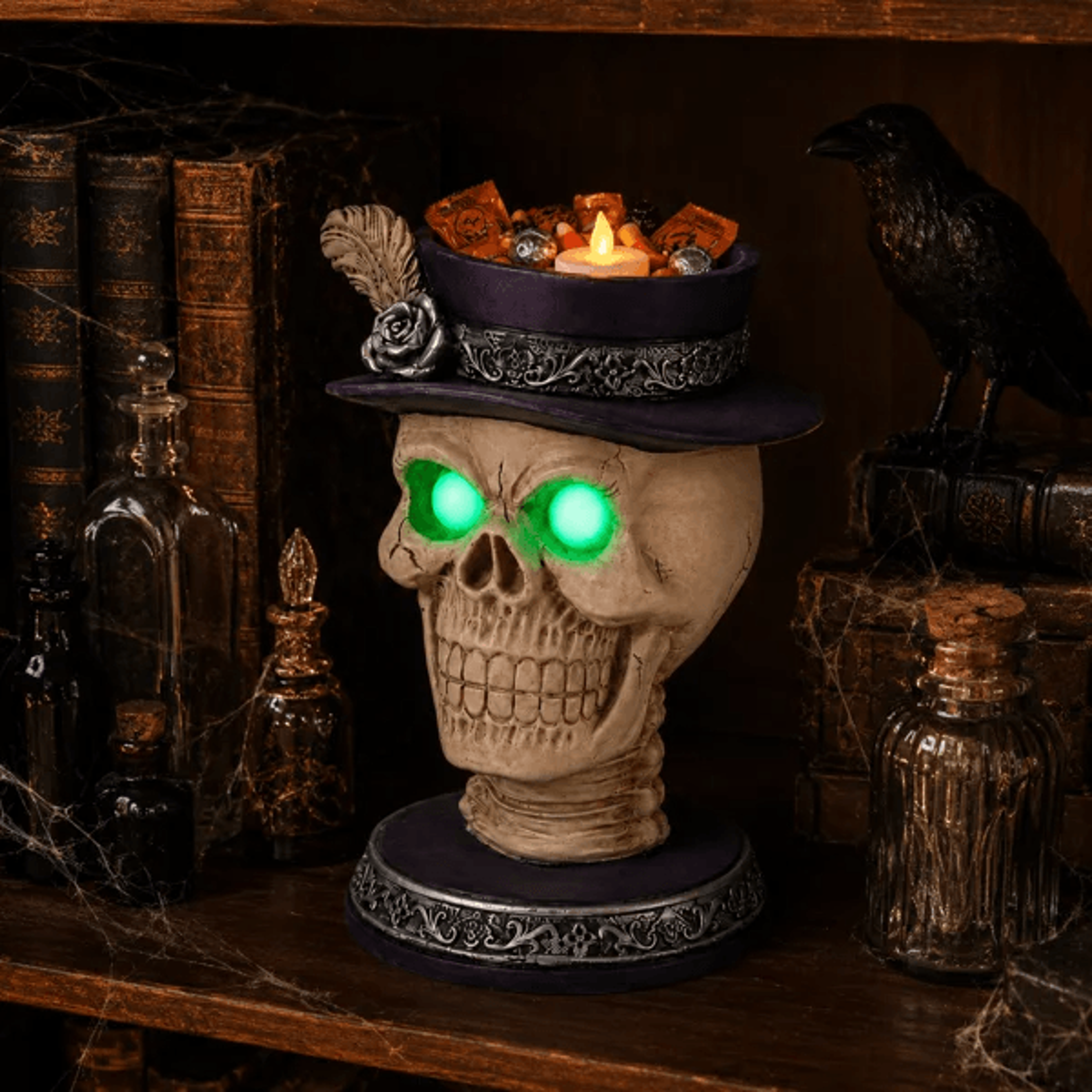 Lighted Skeleton Halloween Tabletop Decor With Green LED Eyes And Candy Bowl 10