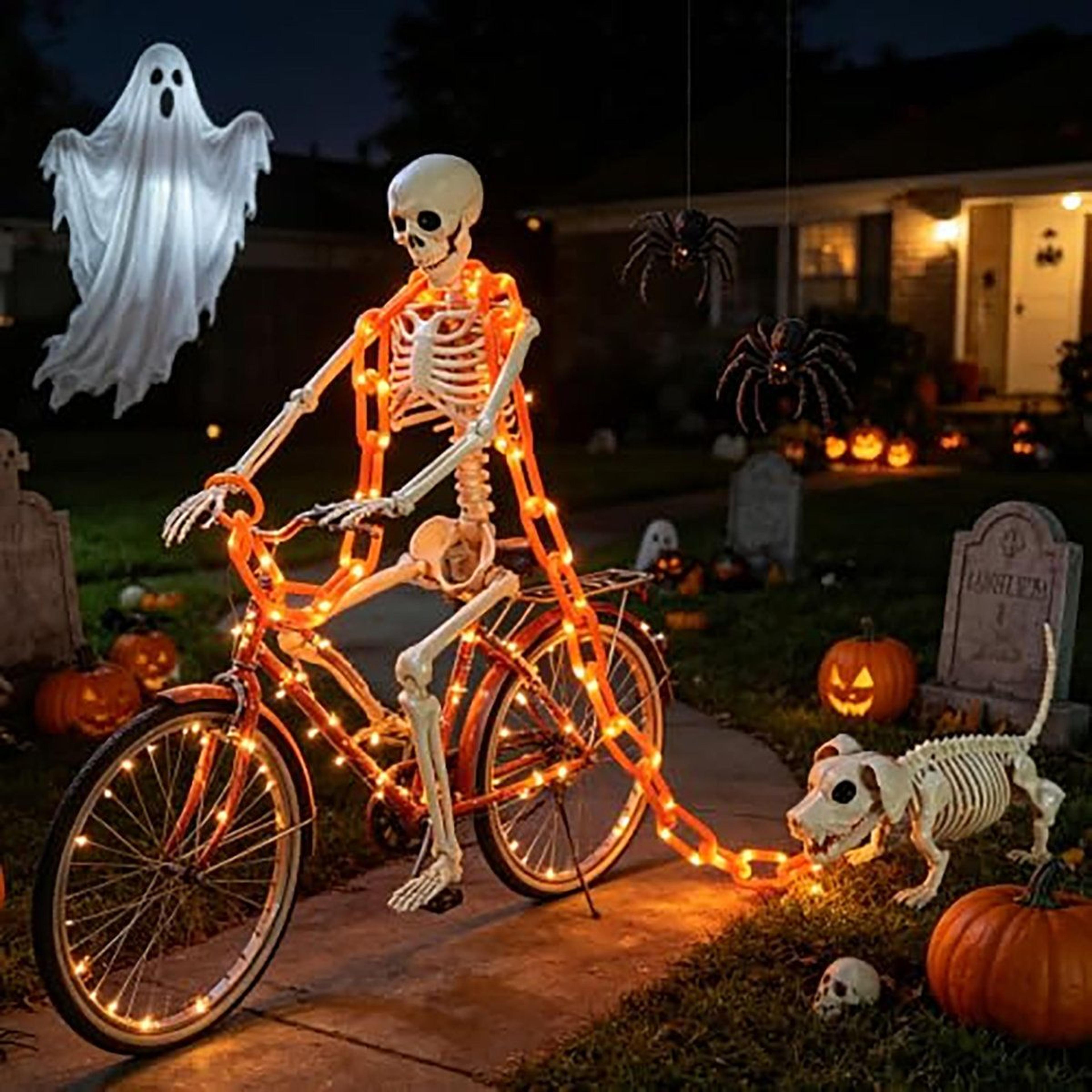 Halloween Skeleton And Dog Skeleton Set With Solar Light Up Chain 5