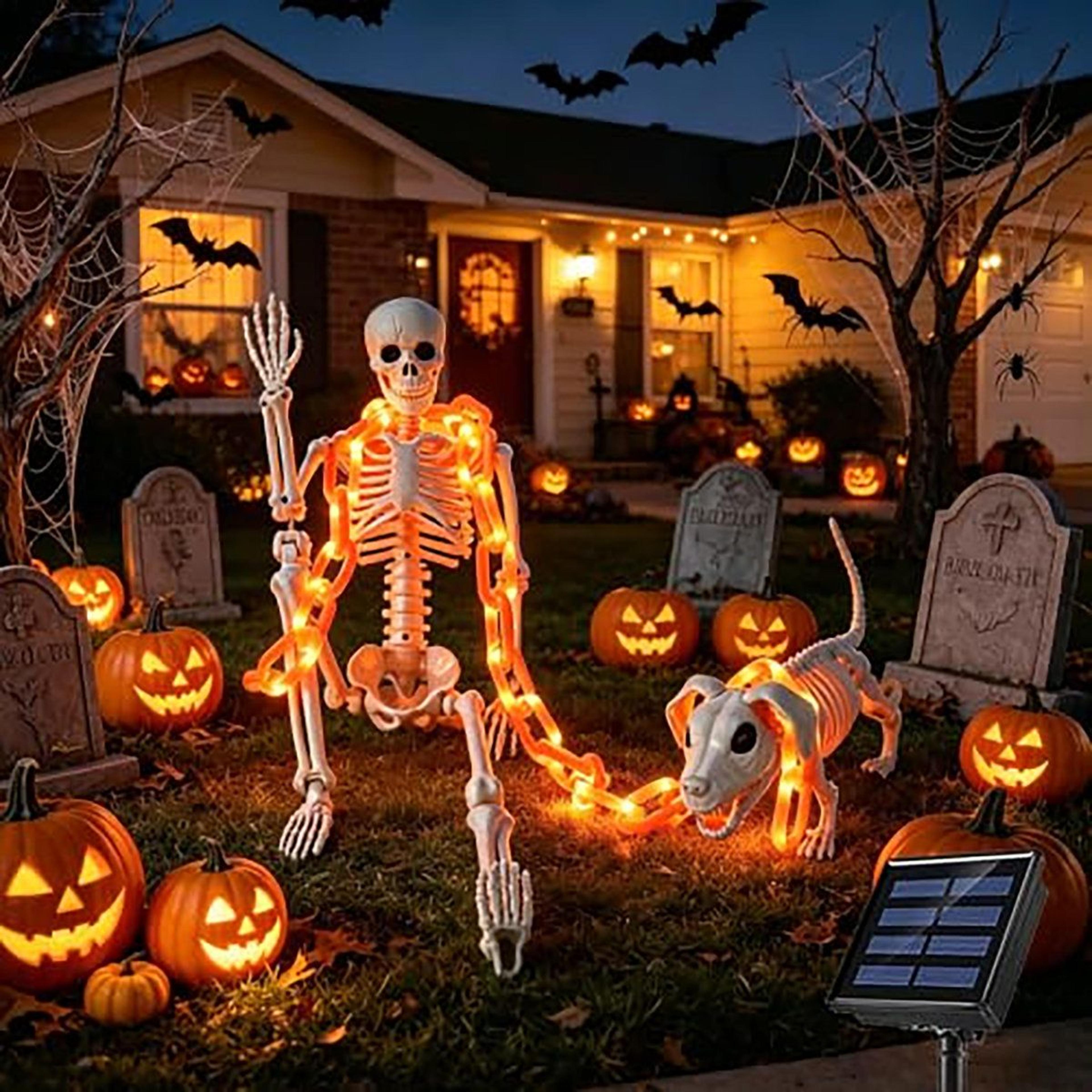 halloween skeleton and dog skeleton set with solar light up chain