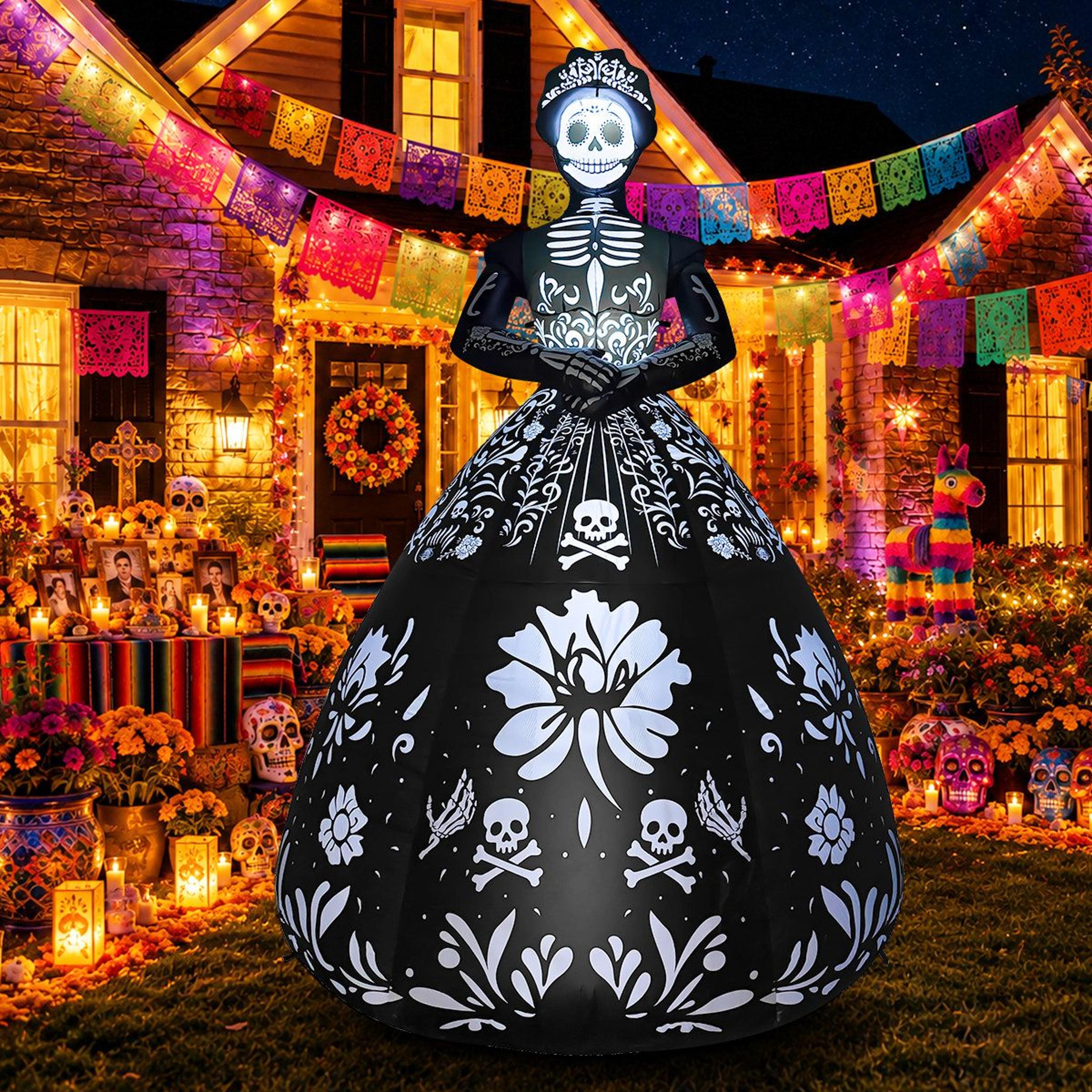 halloween inflatable ghost bride with black dress and led lights