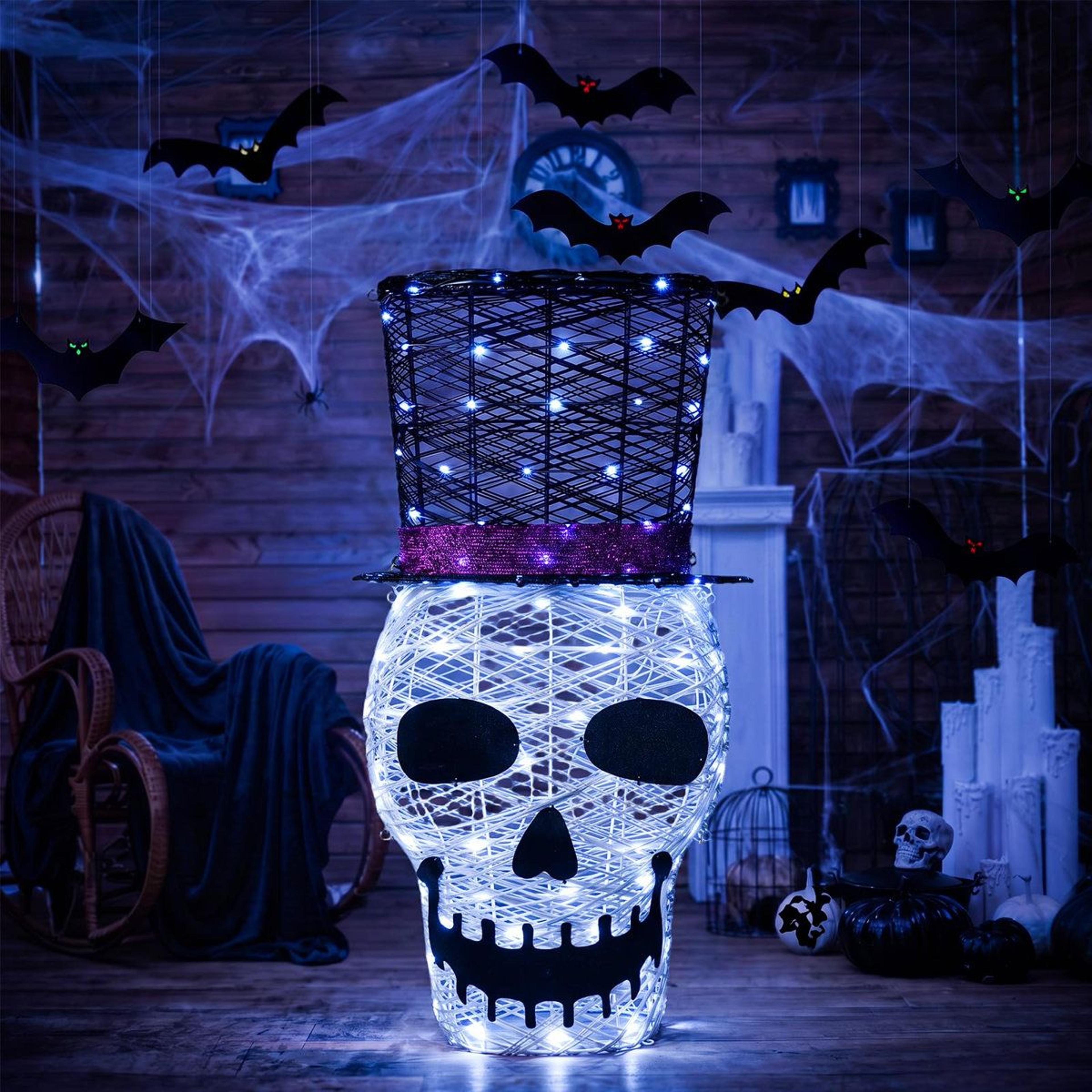 Lighted Halloween Skull Decoration With 100 LED Lights And Top Hat 5