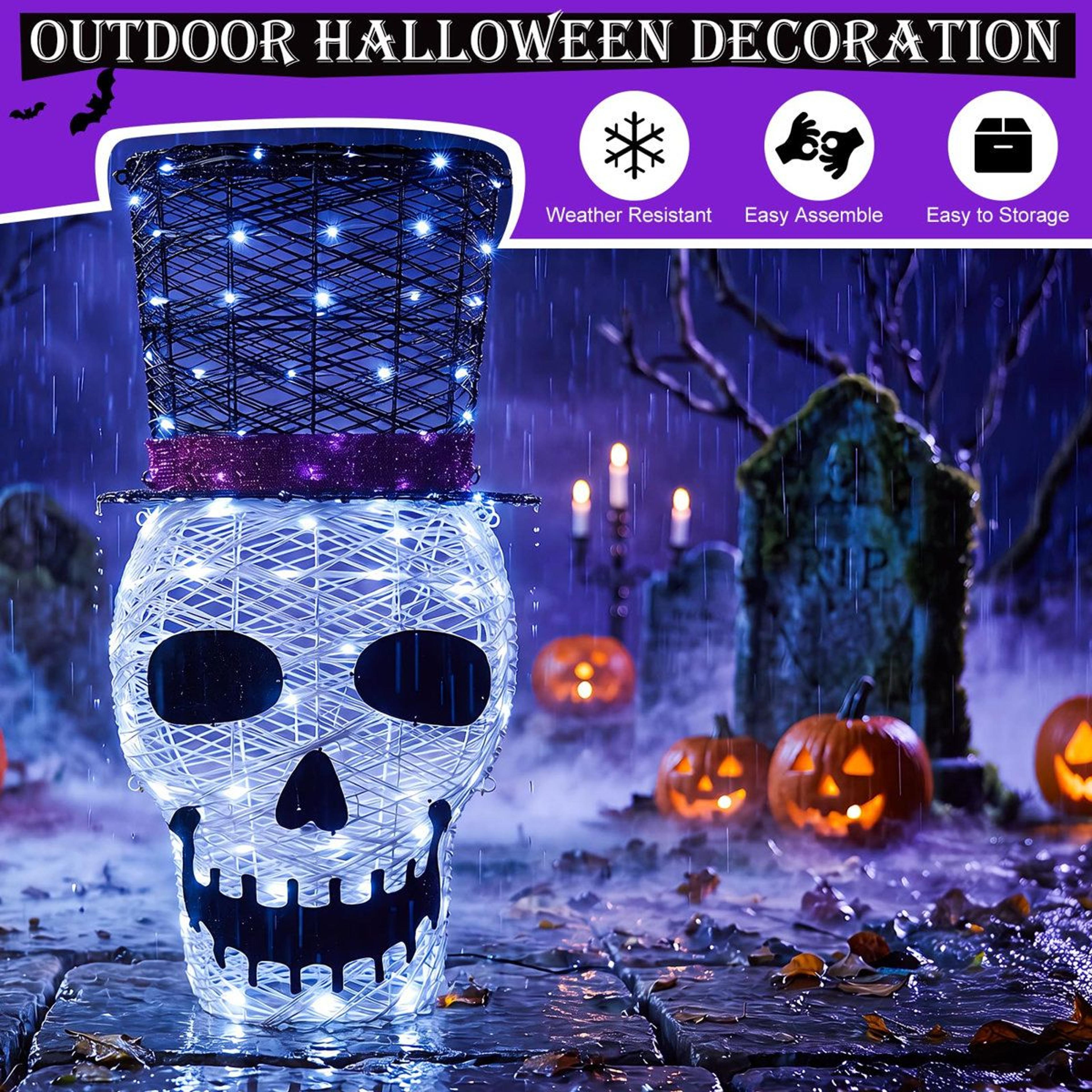 Lighted Halloween Skull Decoration With 100 LED Lights And Top Hat 2