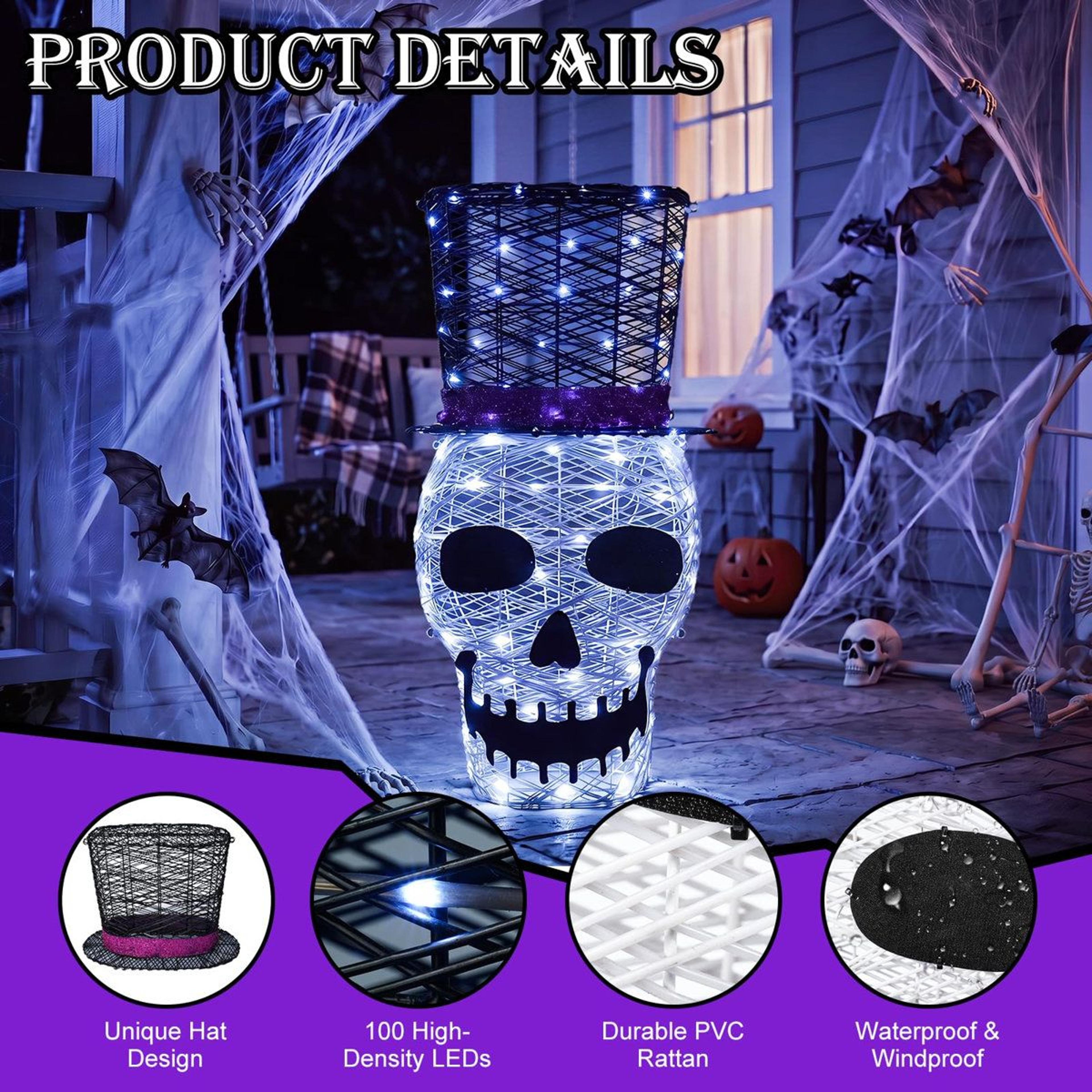 Lighted Halloween Skull Decoration With 100 LED Lights And Top Hat 1