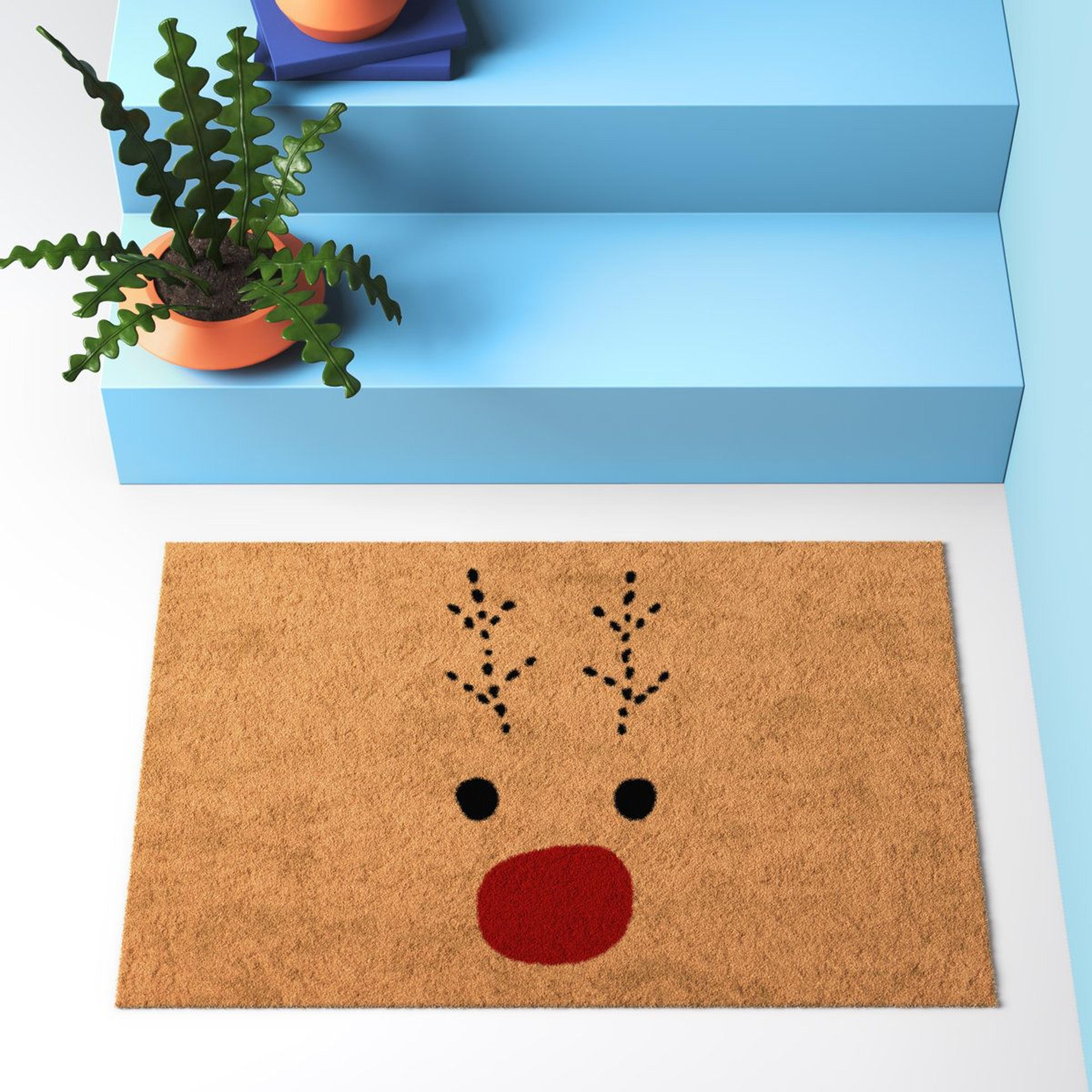reindeer christmas doormat with non-slip backing and natural coir