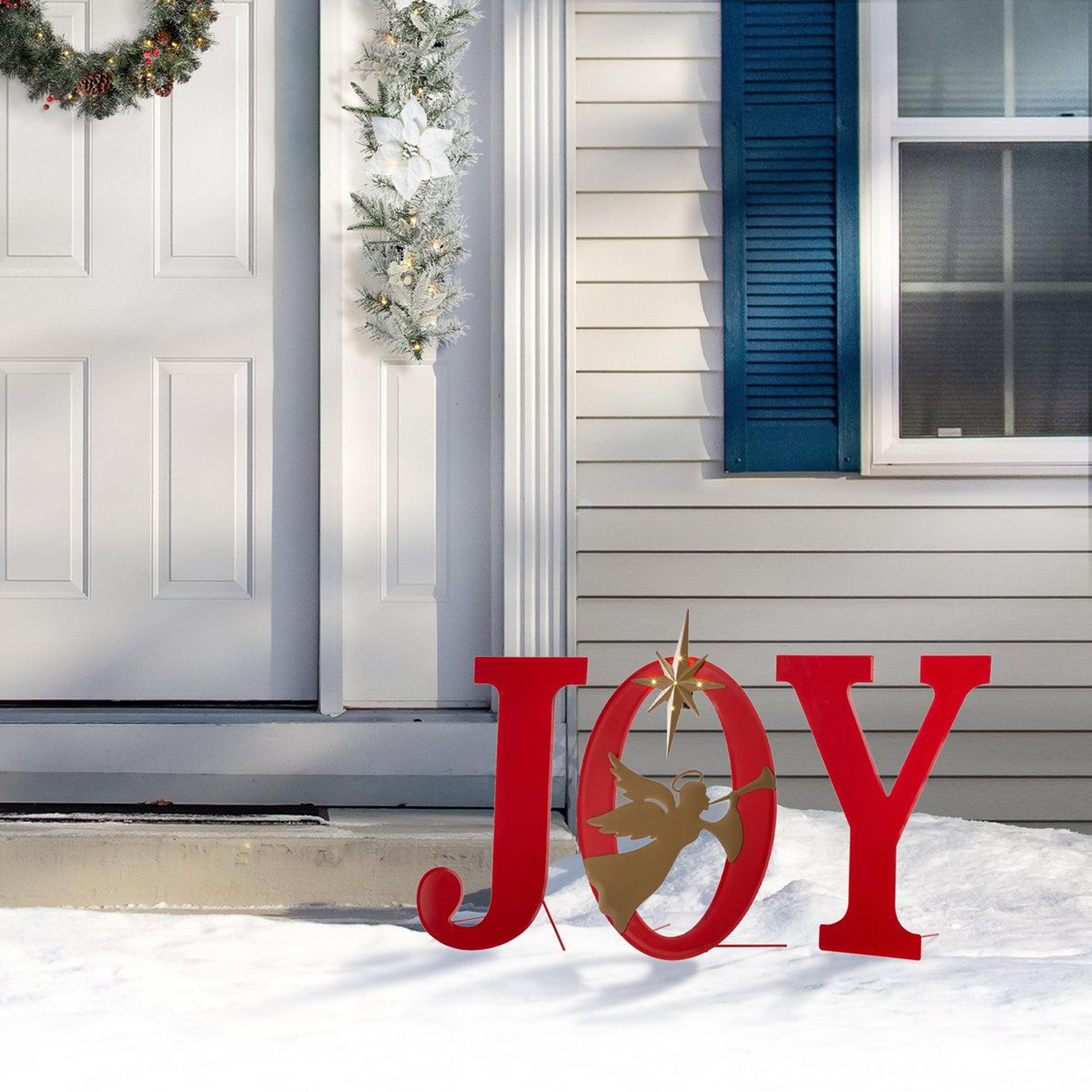 christmas angel yard stake with warm led lights and joy sign