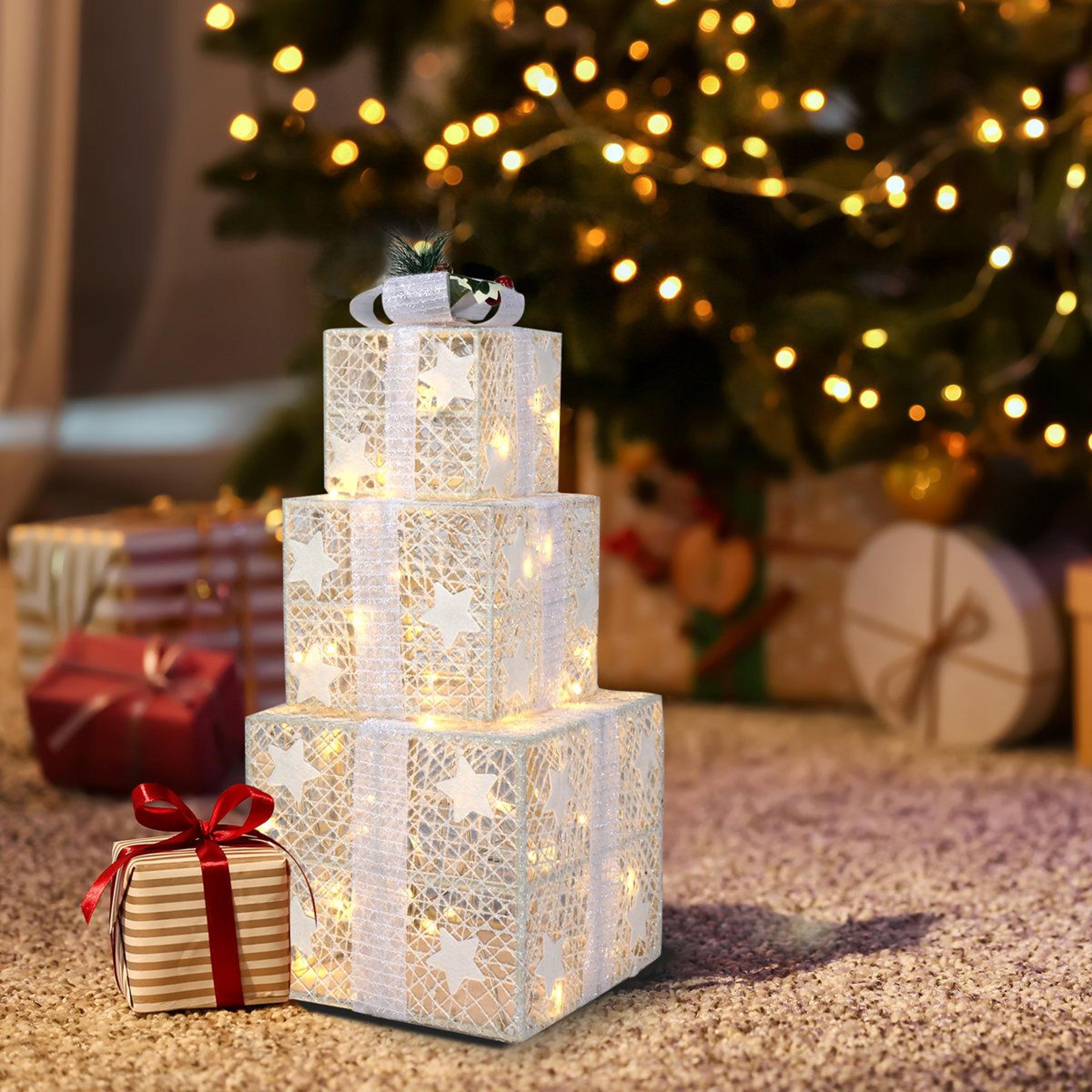 LED Lighted Christmas Gift Boxes Set Of 3 With Battery Powered Lights 9