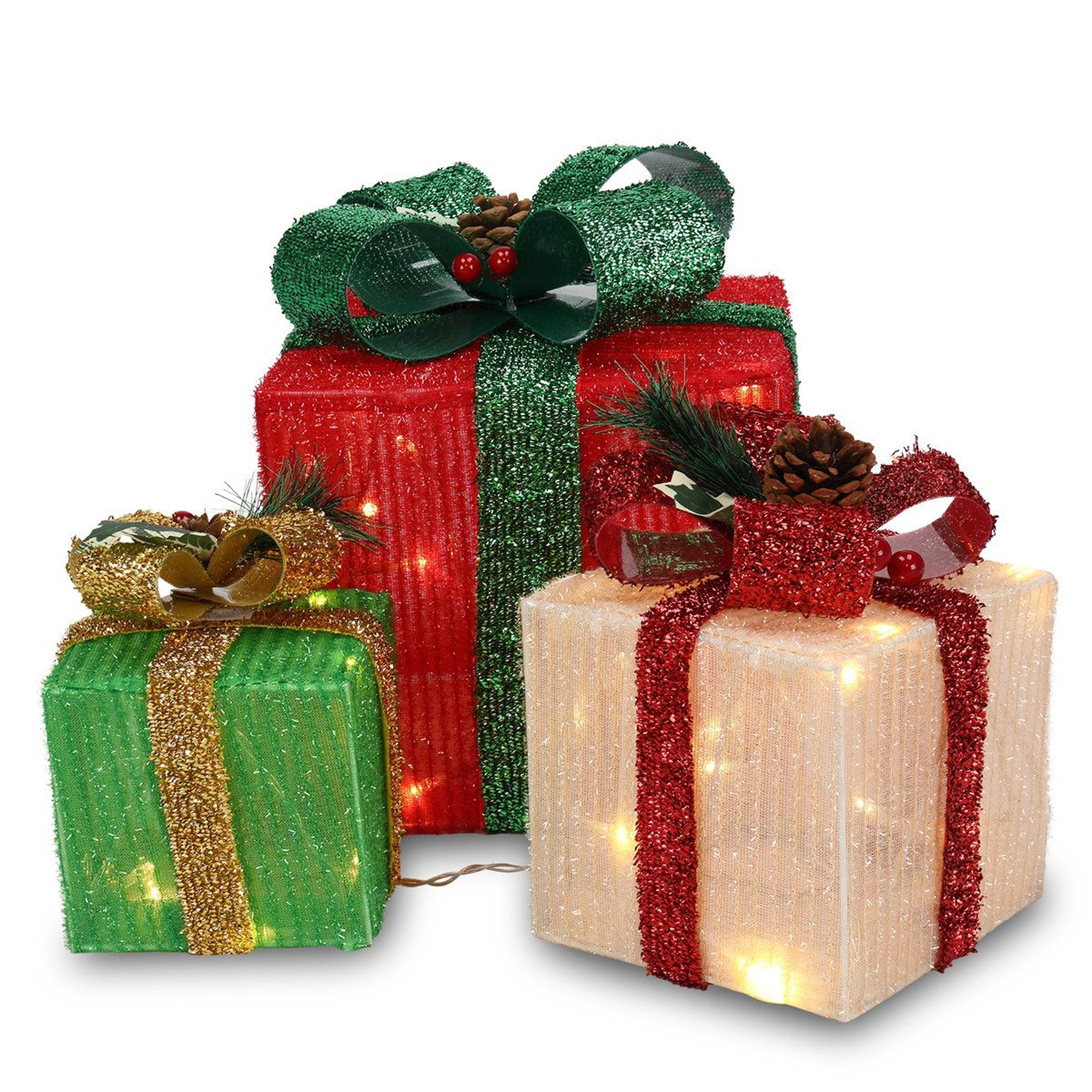 3 Piece LED Lighted Christmas Gift Box Decorations With Glitter And Bow Accents 4