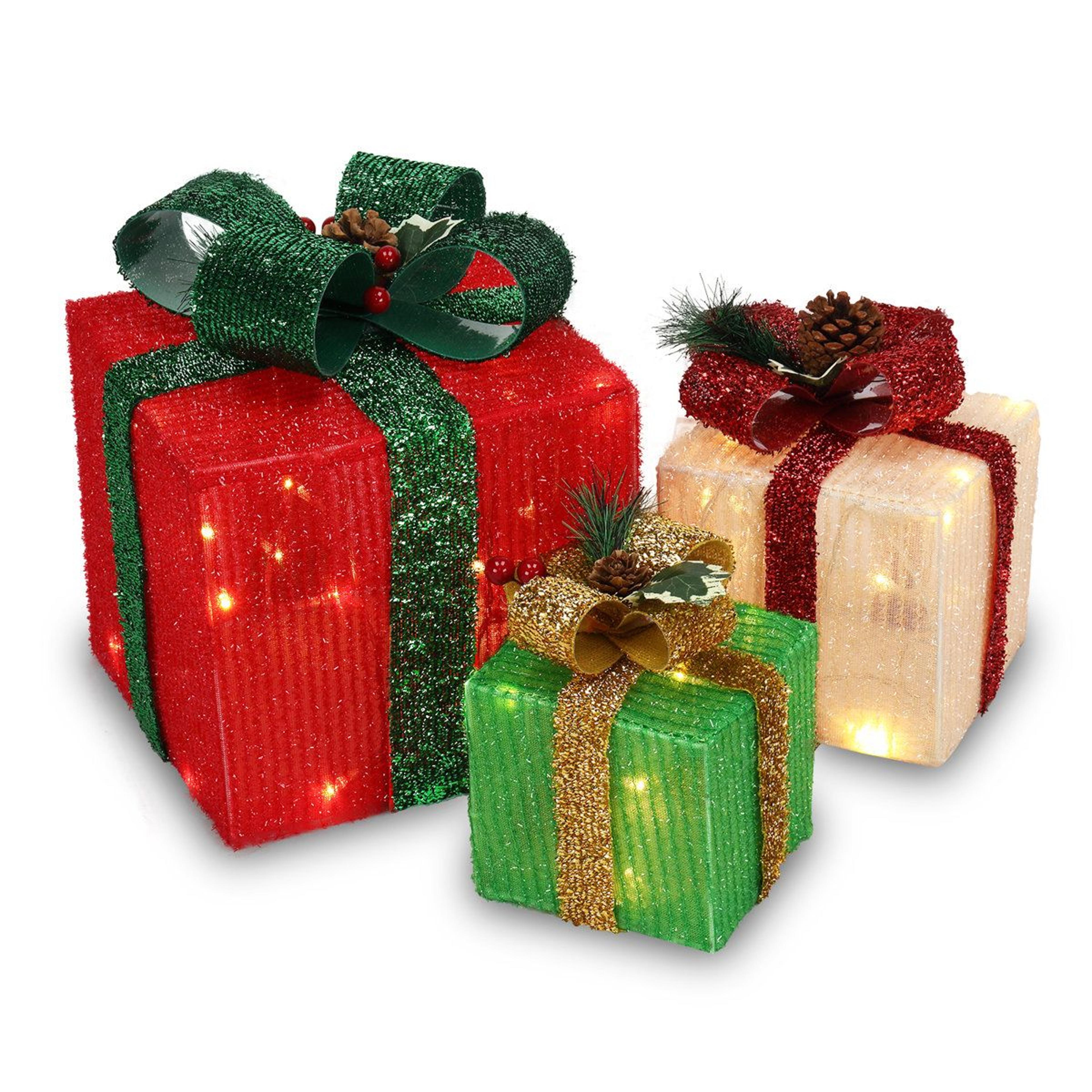 3 piece led lighted christmas gift box decorations with glitter and bow accents