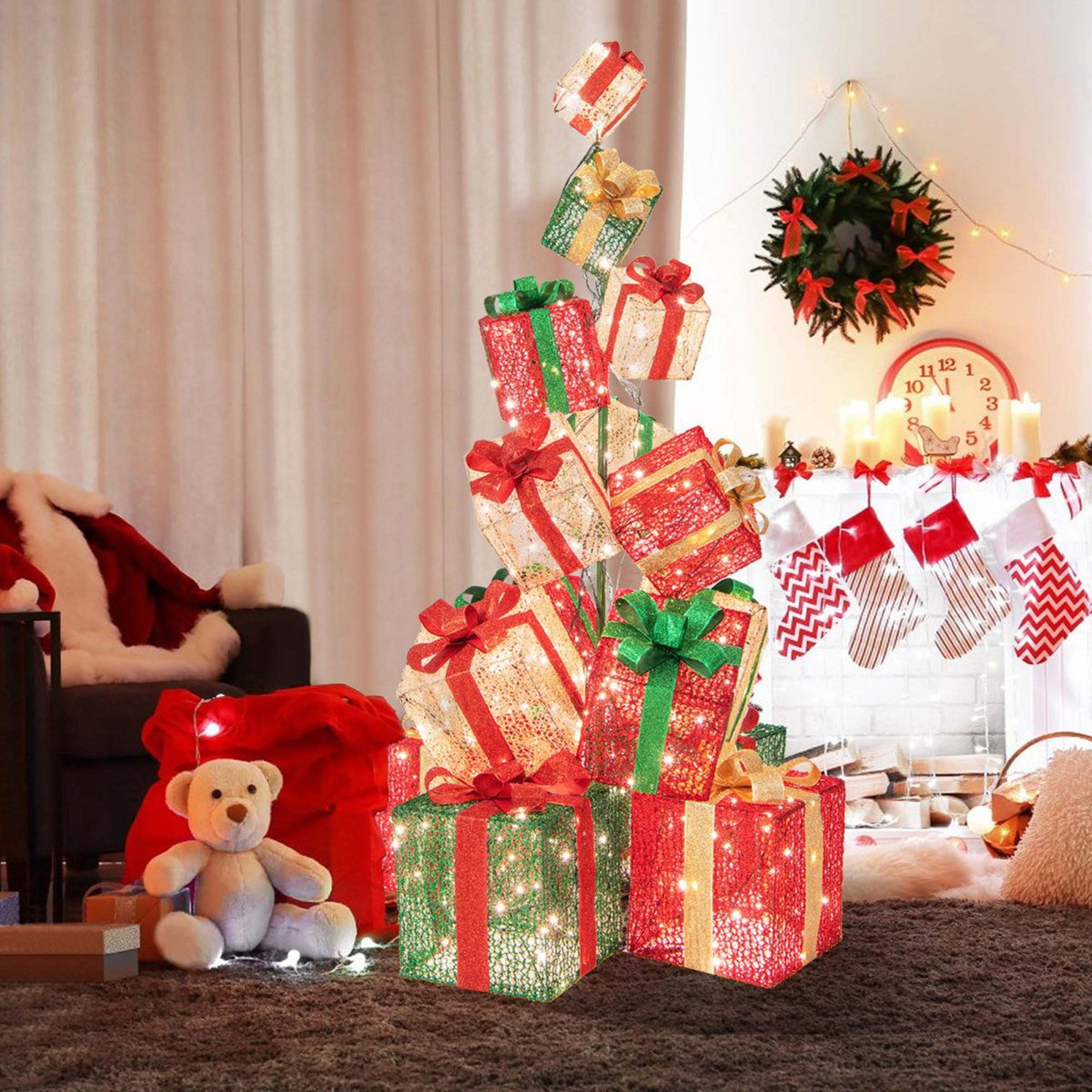 15 piece lighted christmas gift box tower with 450 warm white led lights