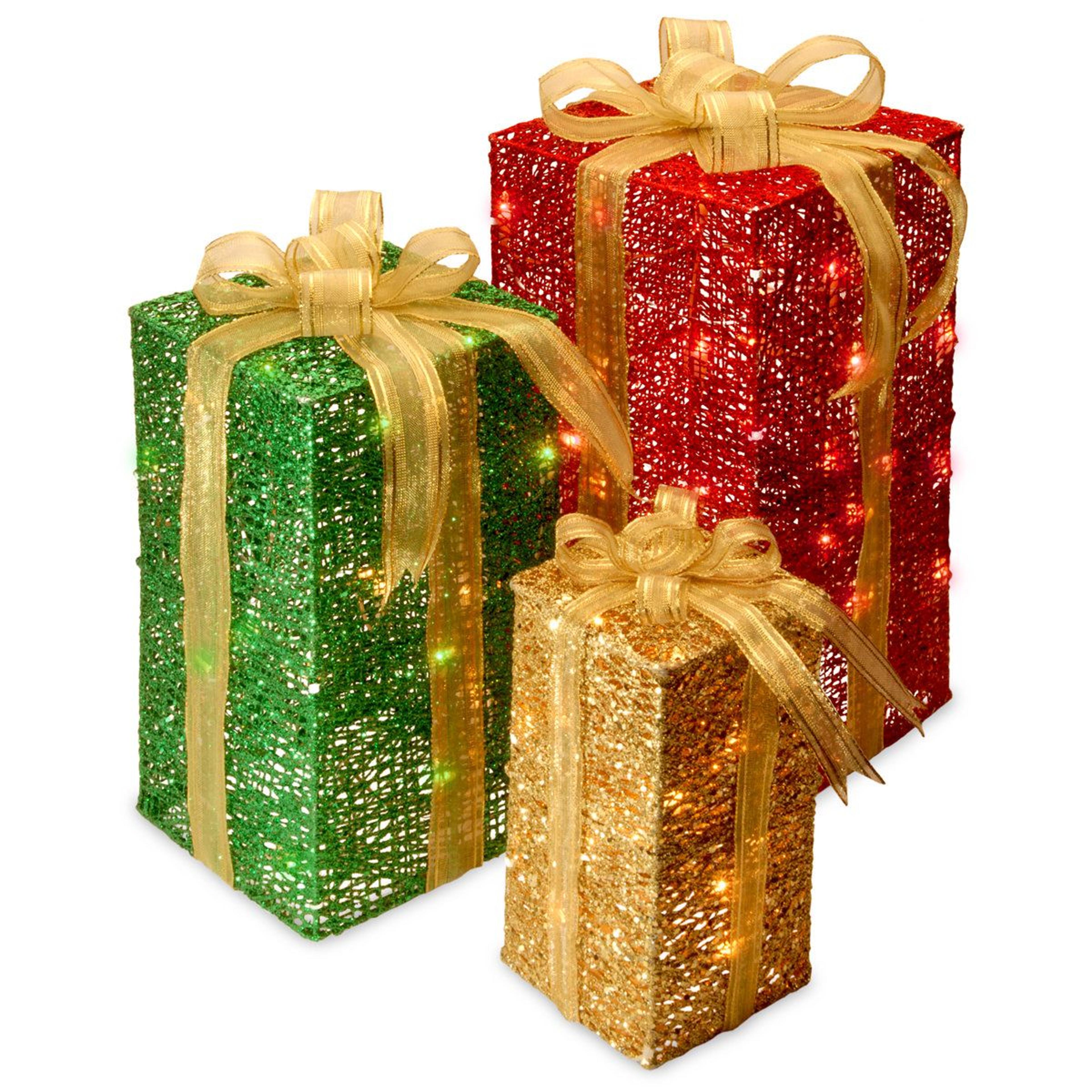 3 piece pre lit led christmas gift box decoration set with warm white lights