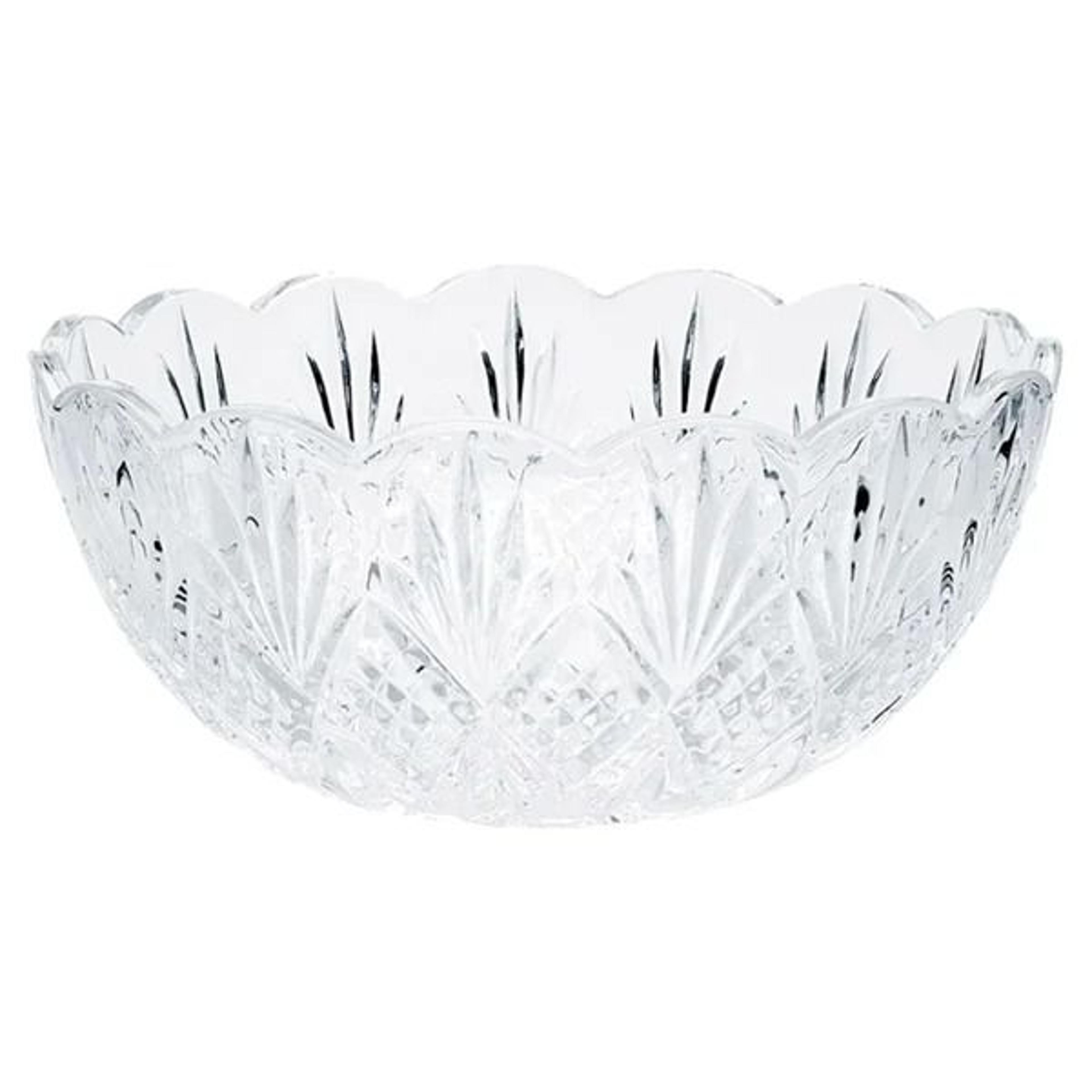 clear crystal serving bowl with scalloped edges and geometric cut pattern