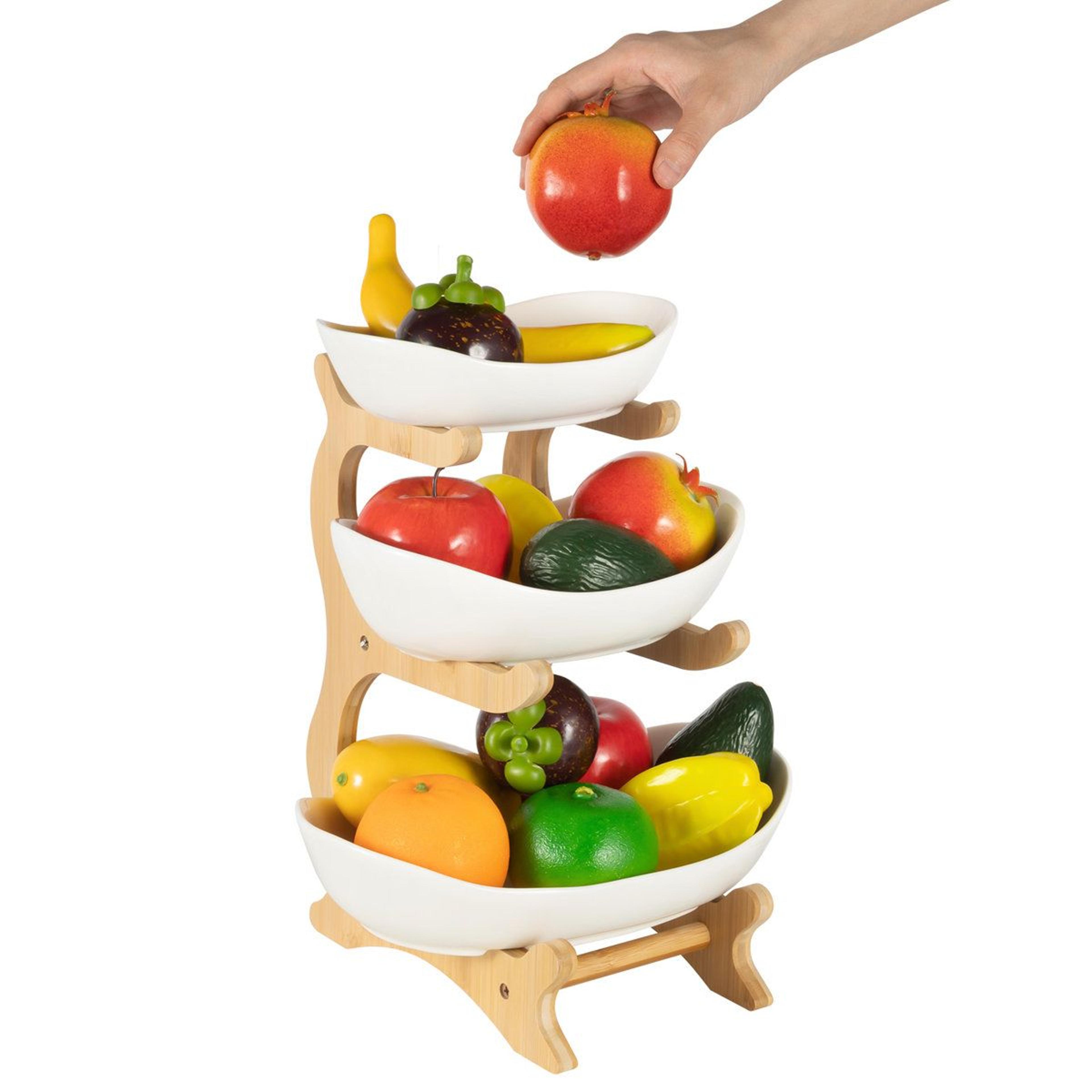 3 Tier Ceramic Fruit Bowl With Bamboo Stand Countertop Serving Organizer 4
