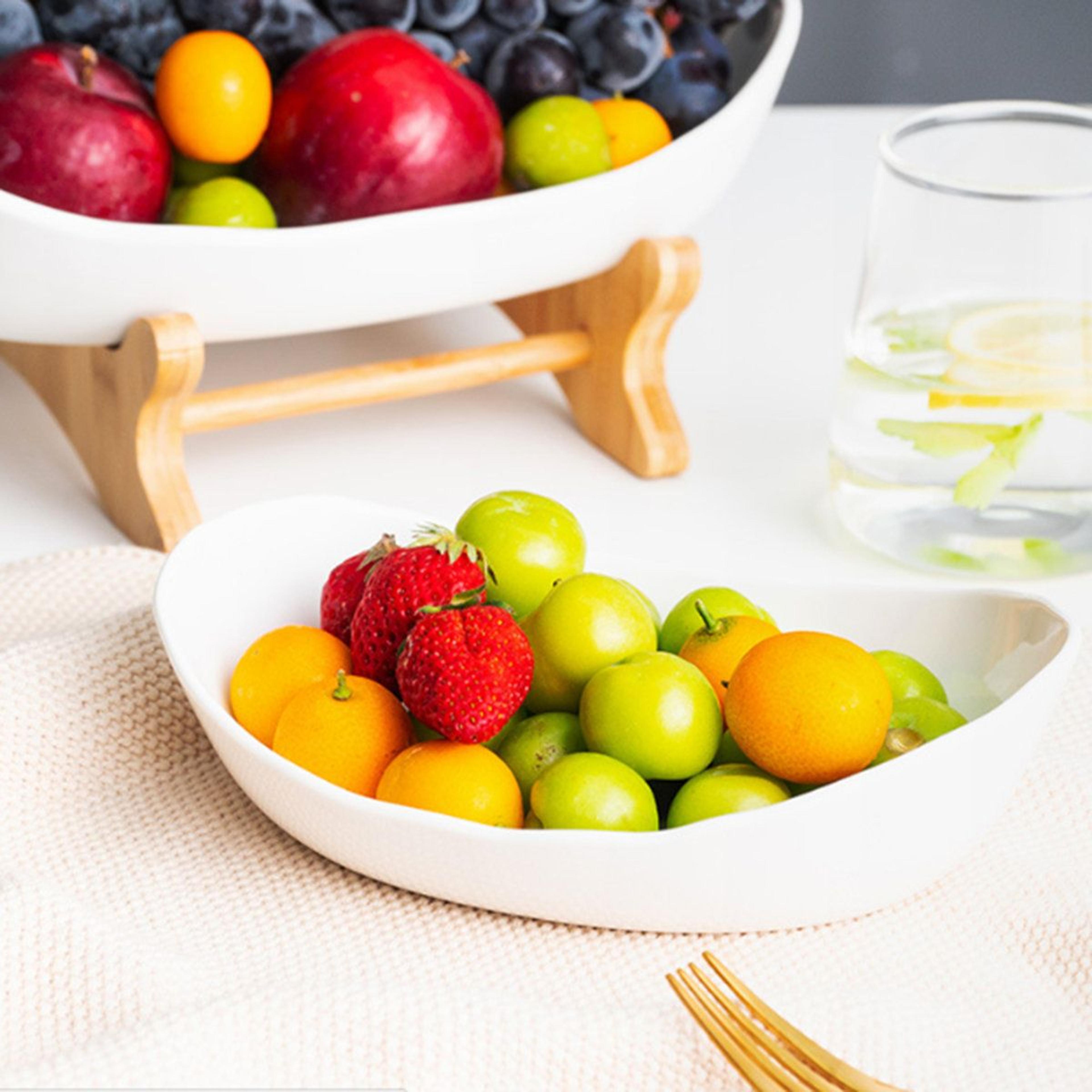 3 Tier Ceramic Fruit Bowl With Bamboo Stand Countertop Serving Organizer 8