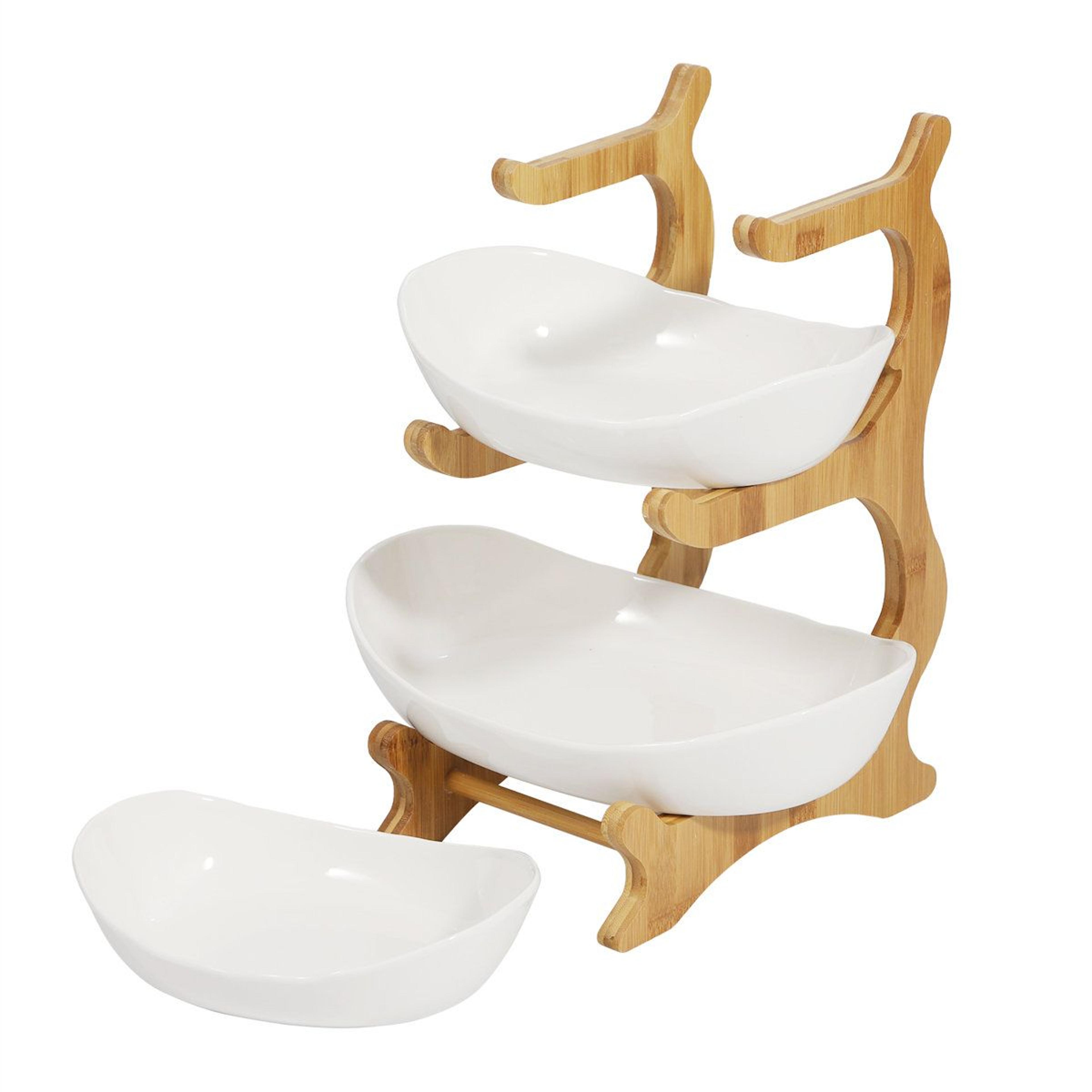 3 Tier Ceramic Fruit Bowl With Bamboo Stand Countertop Serving Organizer 5
