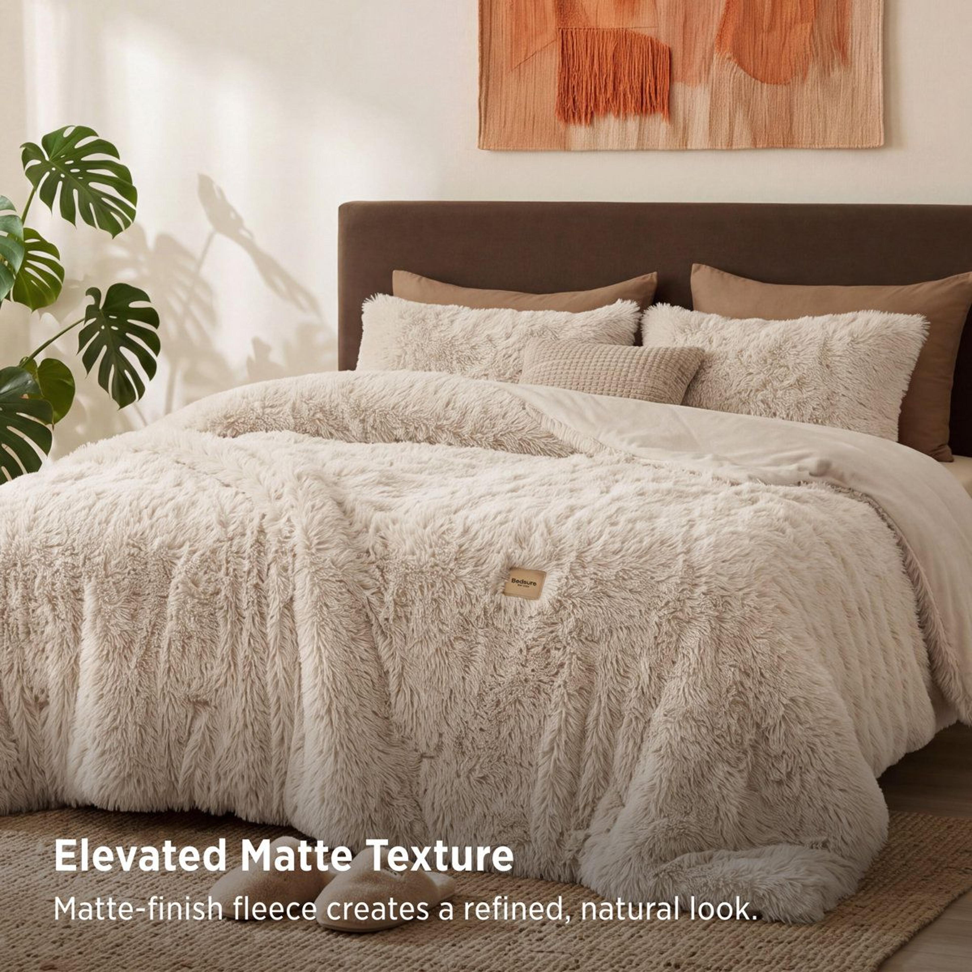 King Faux Fur Fleece Comforter Set Beige Plush Warm Winter Bedding 7