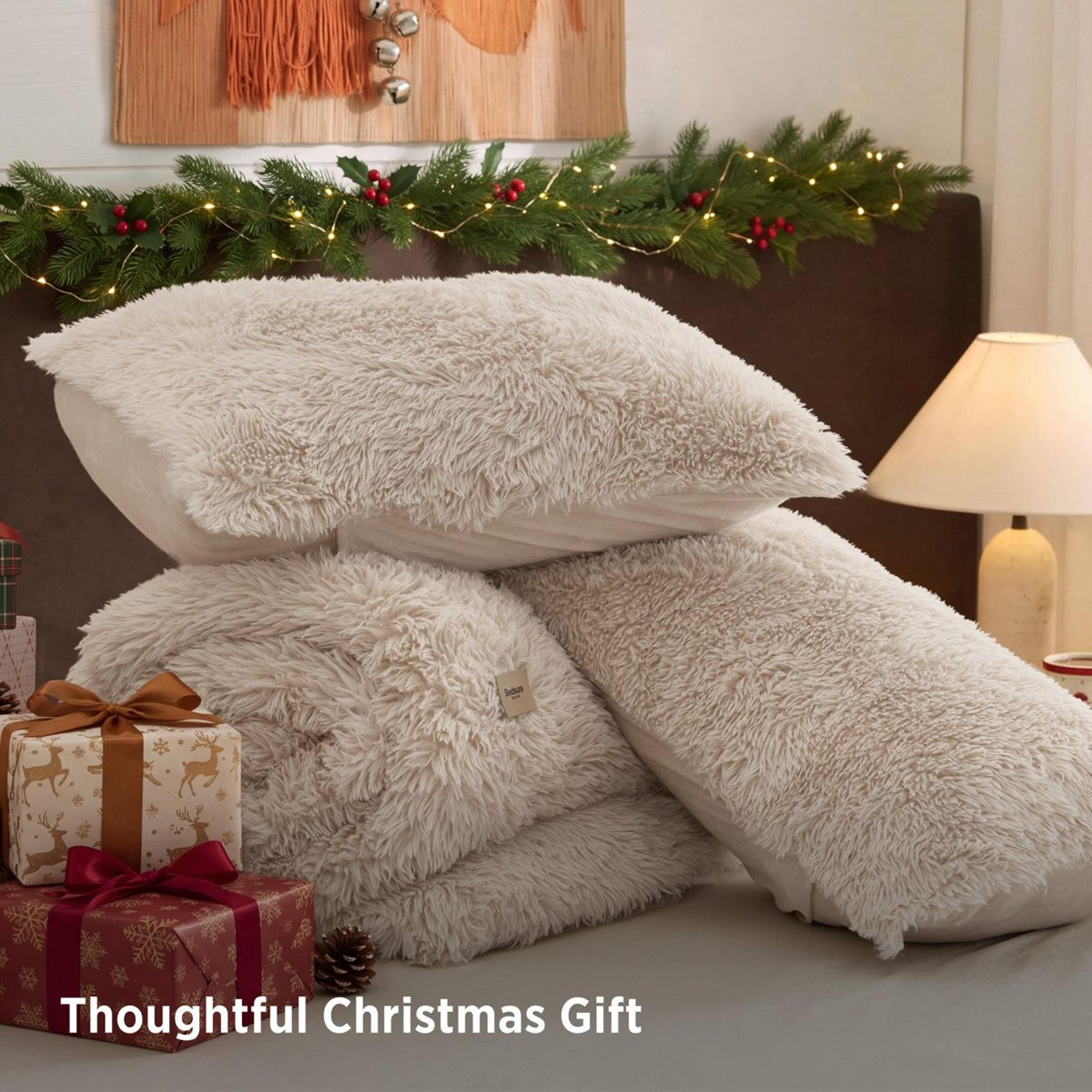 King Faux Fur Fleece Comforter Set Beige Plush Warm Winter Bedding 3